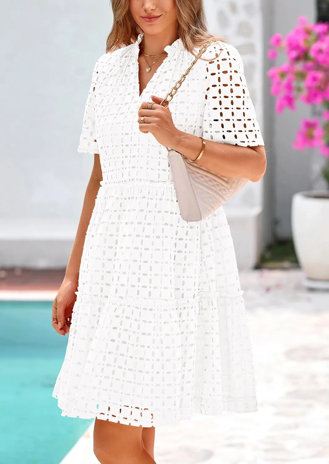 PRETTYGARDEN Summer Dresses for Women 2025 V Neck Hollow Out Eyelet Ruffle A Line Swing Short Beach Vacation Dress