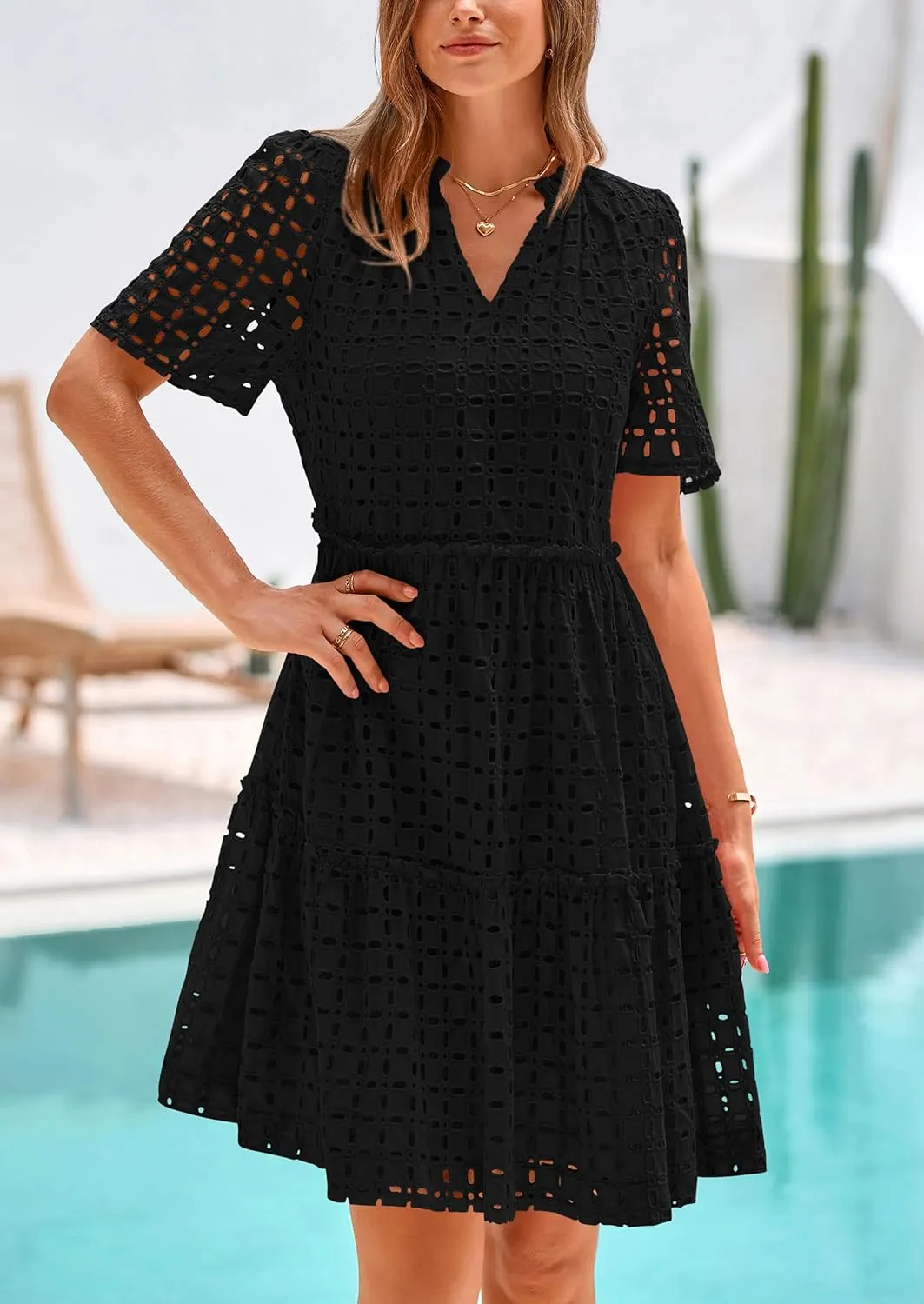 PRETTYGARDEN Summer Dresses for Women 2025 V Neck Hollow Out Eyelet Ruffle A Line Swing Short Beach Vacation Dress