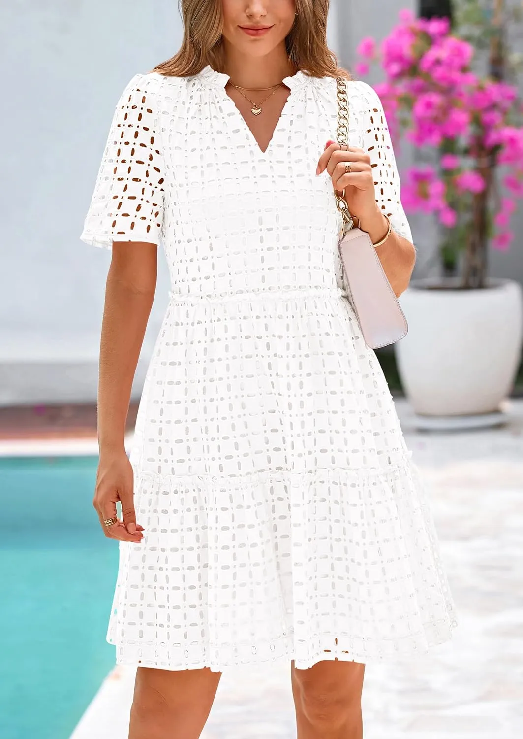PRETTYGARDEN Summer Dresses for Women 2025 V Neck Hollow Out Eyelet Ruffle A Line Swing Short Beach Vacation Dress