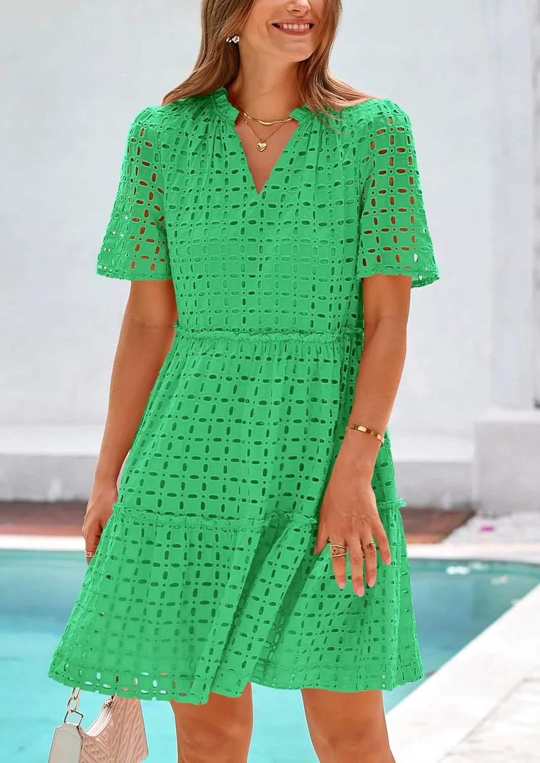 PRETTYGARDEN Summer Dresses for Women 2025 V Neck Hollow Out Eyelet Ruffle A Line Swing Short Beach Vacation Dress