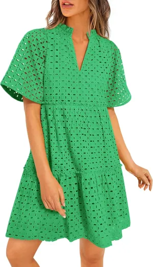 PRETTYGARDEN Summer Dresses for Women 2025 V Neck Hollow Out Eyelet Ruffle A Line Swing Short Beach Vacation Dress