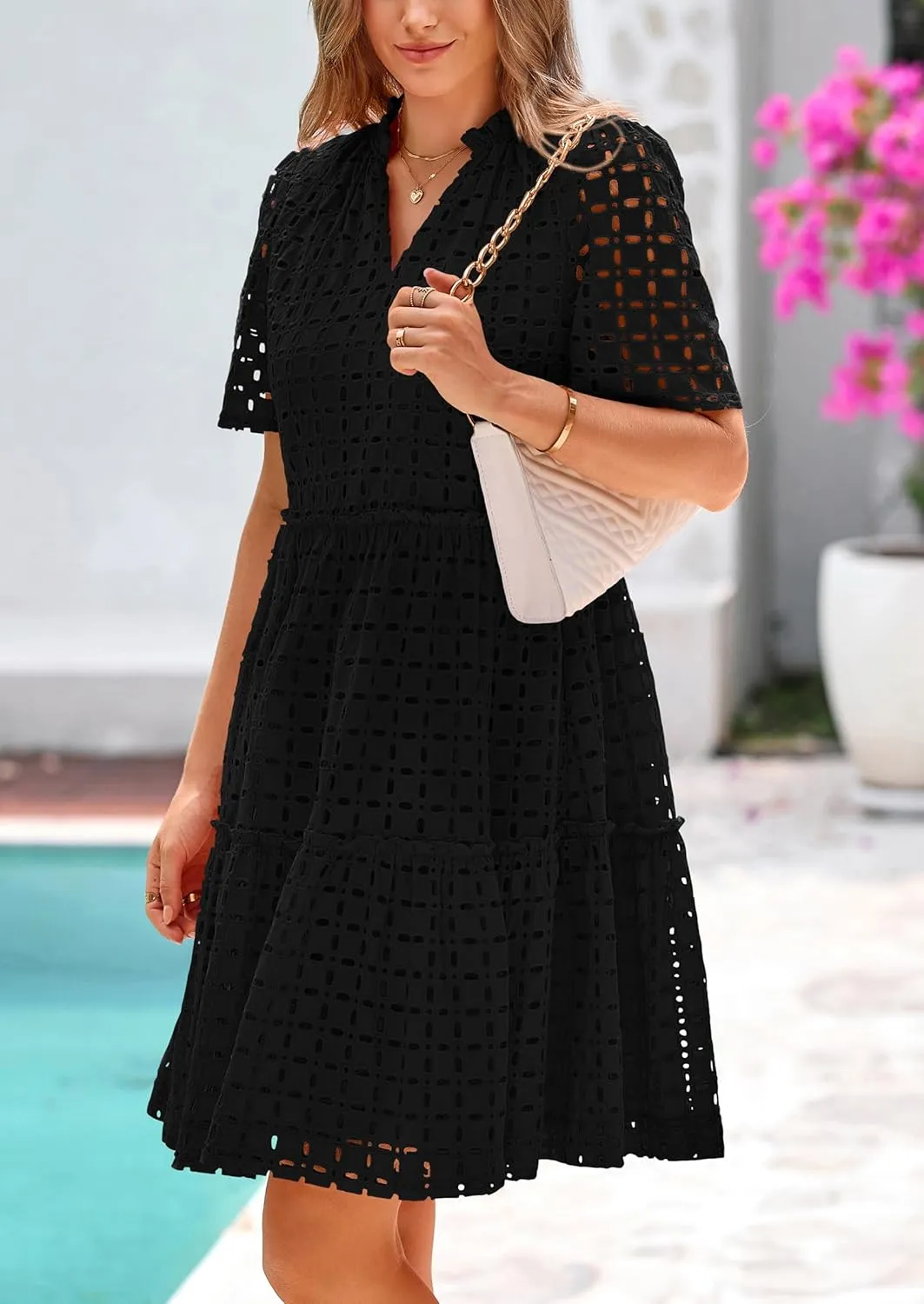 PRETTYGARDEN Summer Dresses for Women 2025 V Neck Hollow Out Eyelet Ruffle A Line Swing Short Beach Vacation Dress