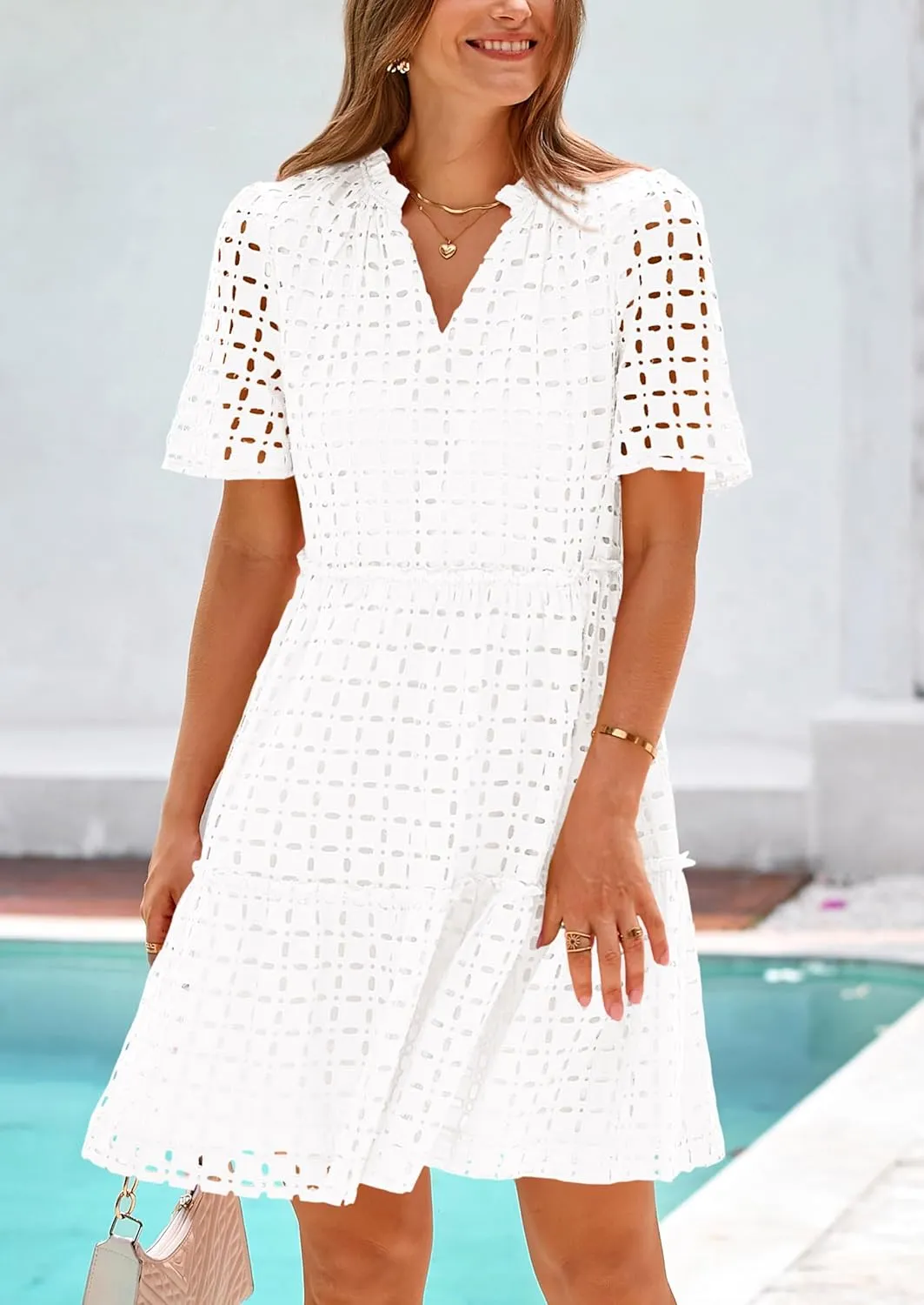 PRETTYGARDEN Summer Dresses for Women 2025 V Neck Hollow Out Eyelet Ruffle A Line Swing Short Beach Vacation Dress