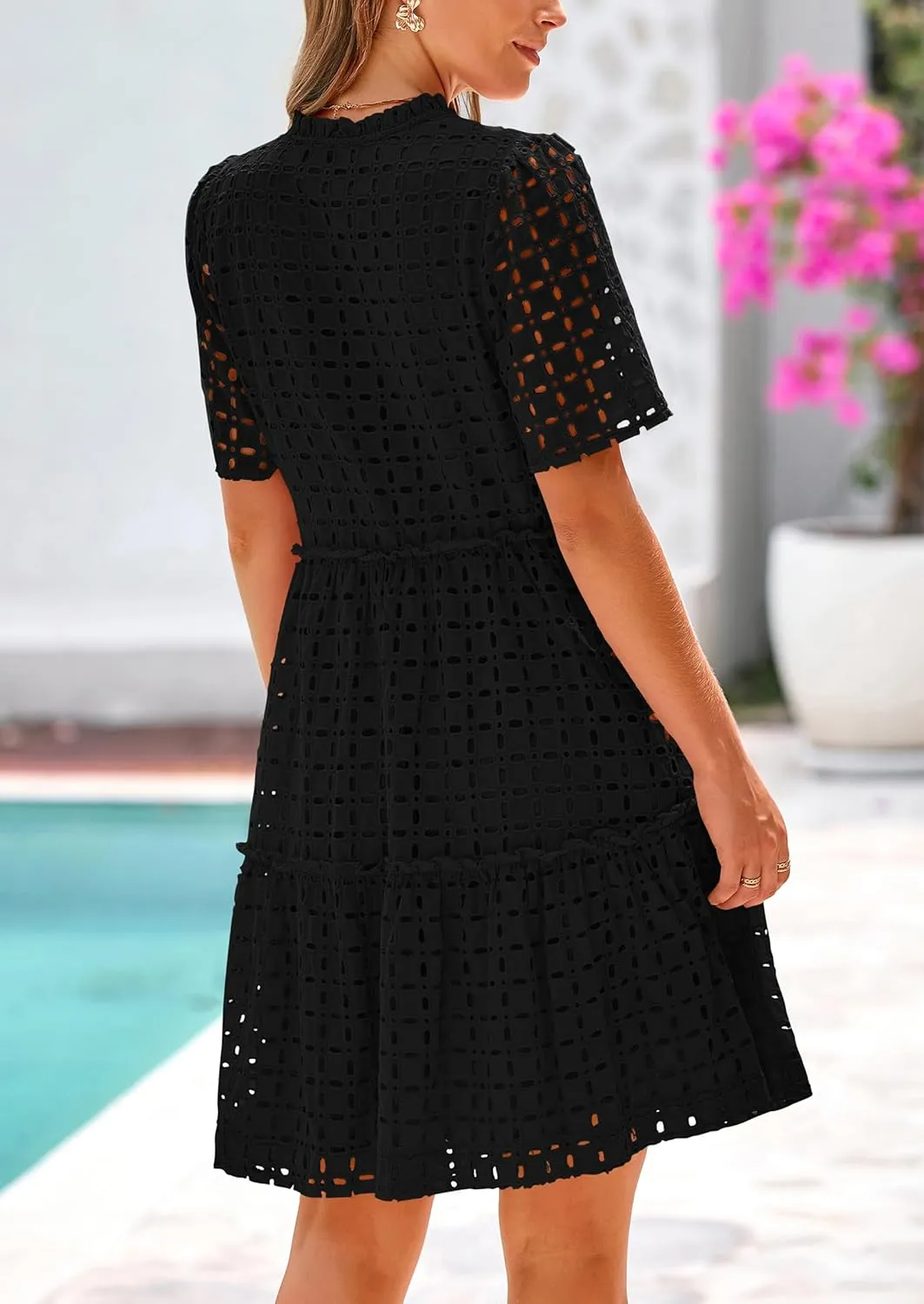 PRETTYGARDEN Summer Dresses for Women 2025 V Neck Hollow Out Eyelet Ruffle A Line Swing Short Beach Vacation Dress
