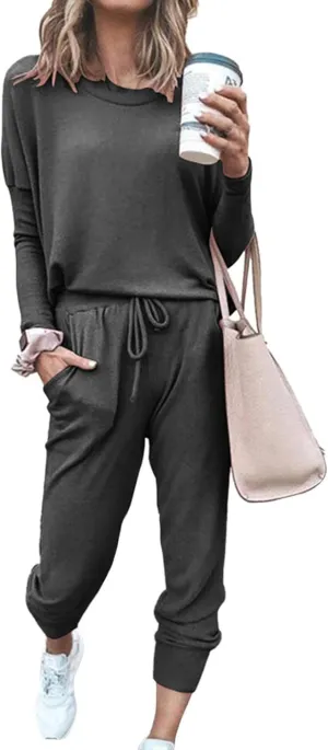 PRETTYGARDEN Women's Spring Fall 2 Piece Lounge Outfit Long Sleeve Crewneck Pullover Tops High Waisted Pants Set Tracksuit