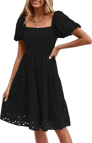 PRETTYGARDEN Womens Summer Puff Sleeve Mini Dress Off Shoulder Eyelet Smocked A Line Casual Babydoll Short Dresses