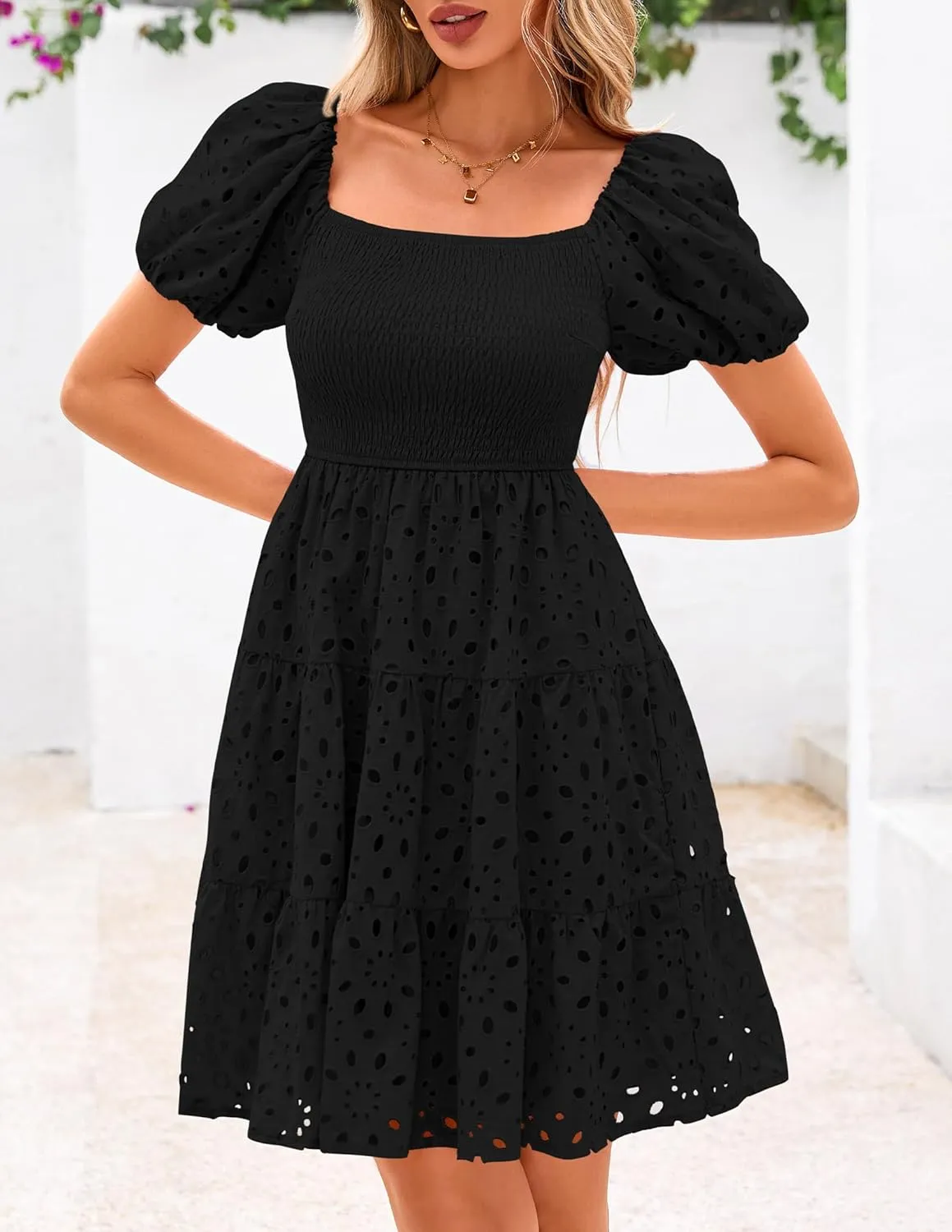 PRETTYGARDEN Womens Summer Puff Sleeve Mini Dress Off Shoulder Eyelet Smocked A Line Casual Babydoll Short Dresses