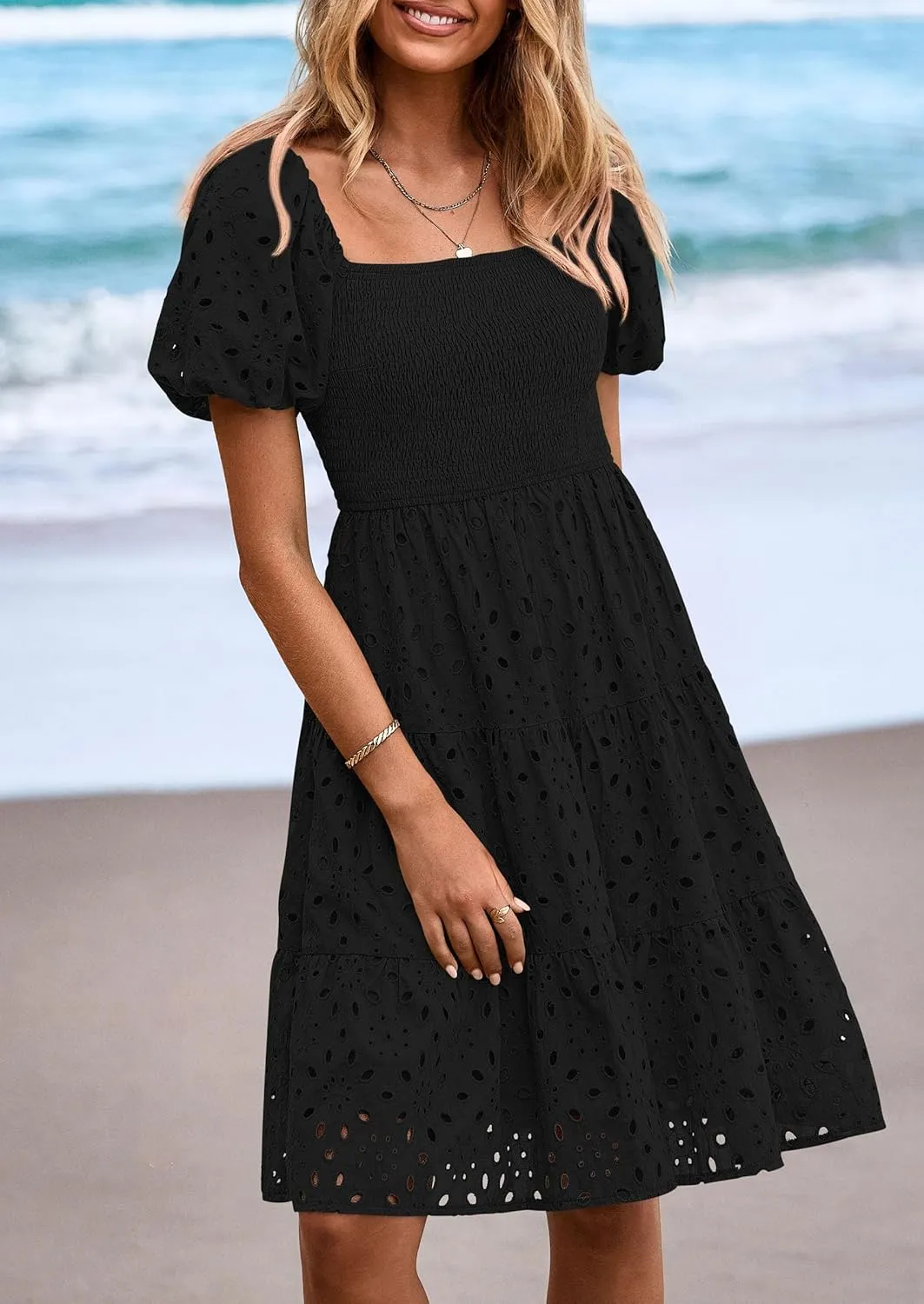 PRETTYGARDEN Womens Summer Puff Sleeve Mini Dress Off Shoulder Eyelet Smocked A Line Casual Babydoll Short Dresses