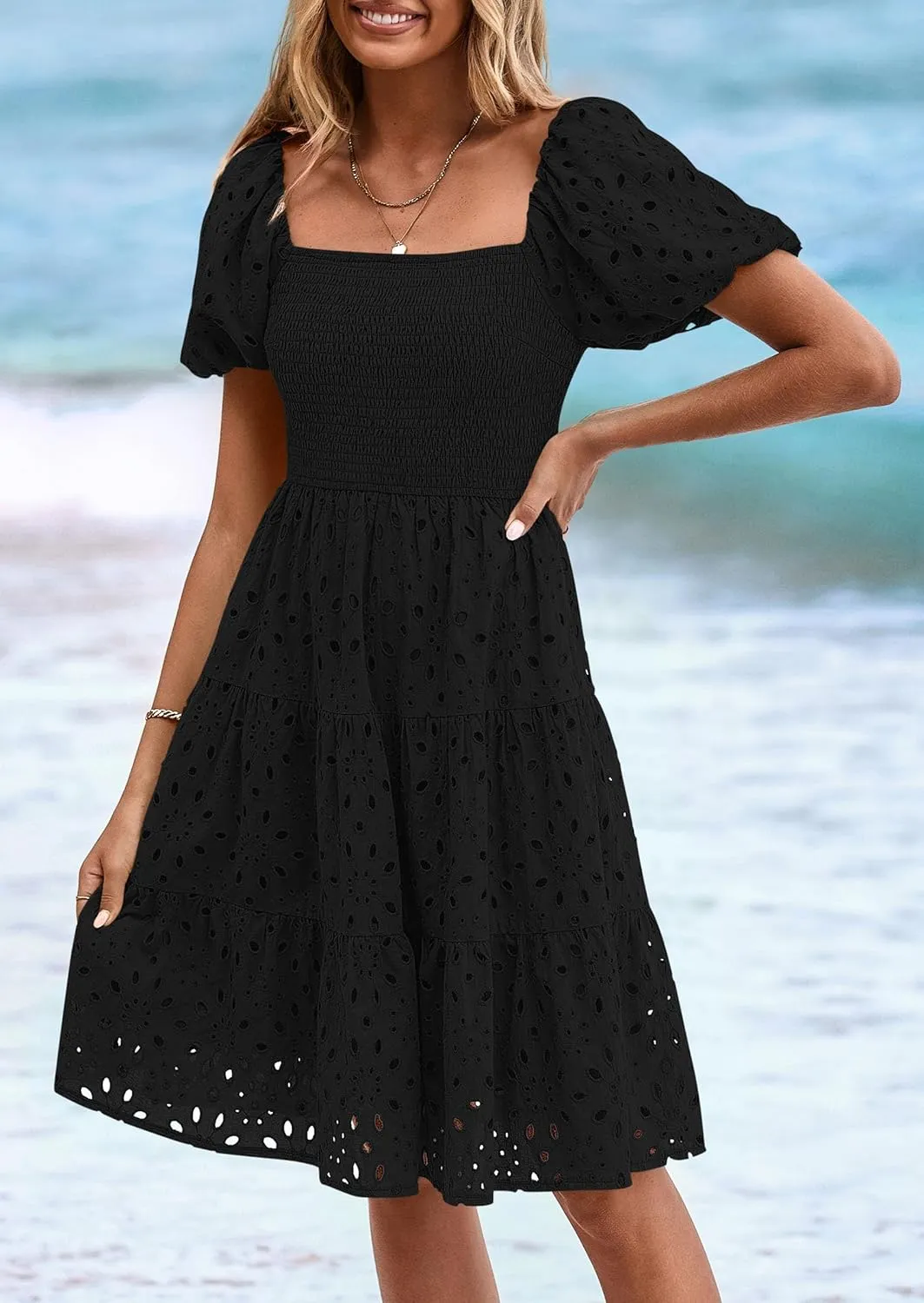 PRETTYGARDEN Womens Summer Puff Sleeve Mini Dress Off Shoulder Eyelet Smocked A Line Casual Babydoll Short Dresses
