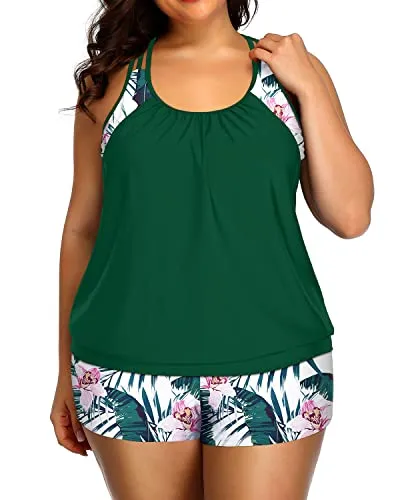 Racerback Tankini Swimsuit Two Piece Tummy Control Bathing Suit For Women-Green Tropical Floral
