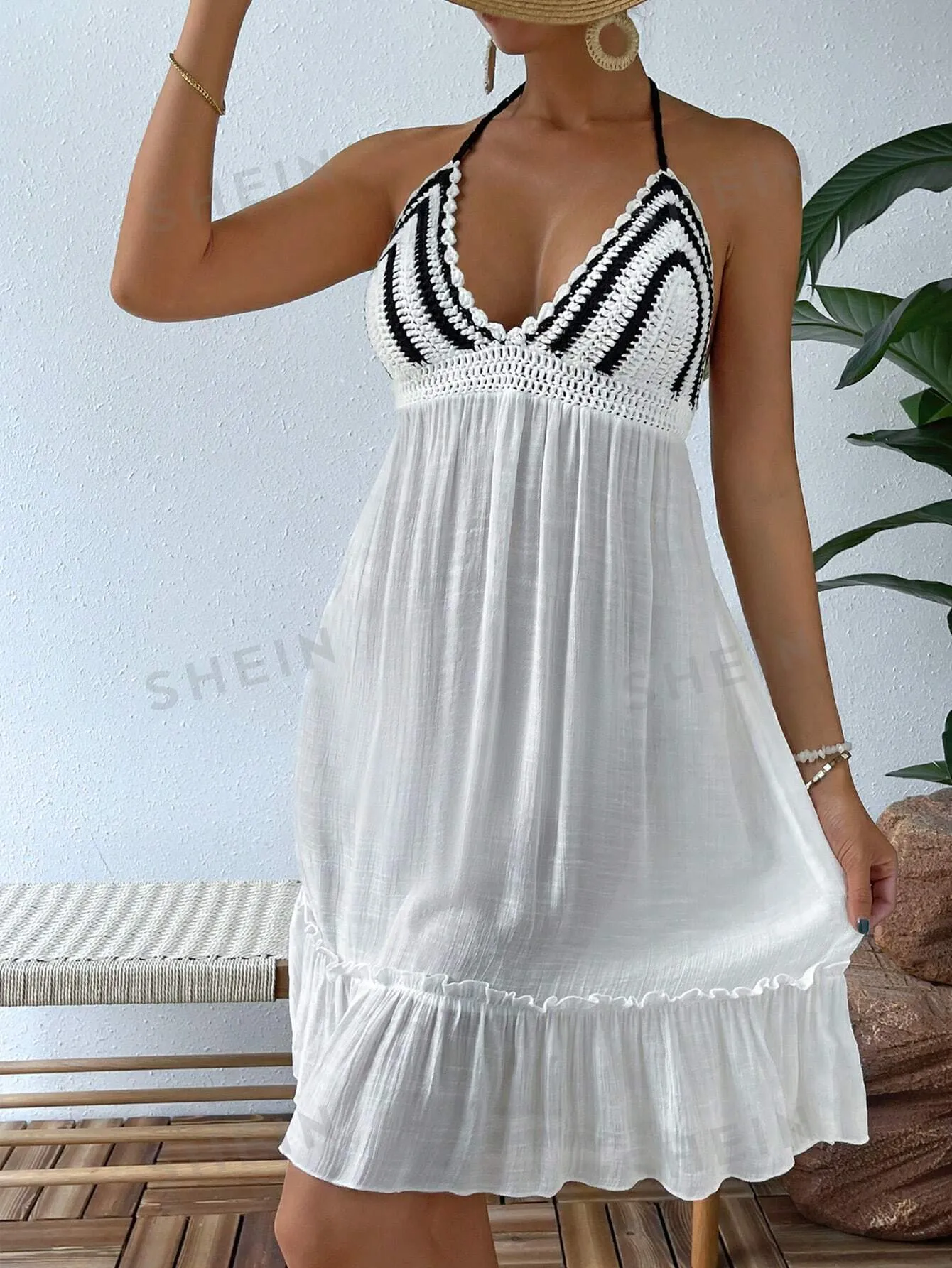 SHEIN Swim Crochet Detail Ruffle Hem Halter Cover Up,Summer Beach