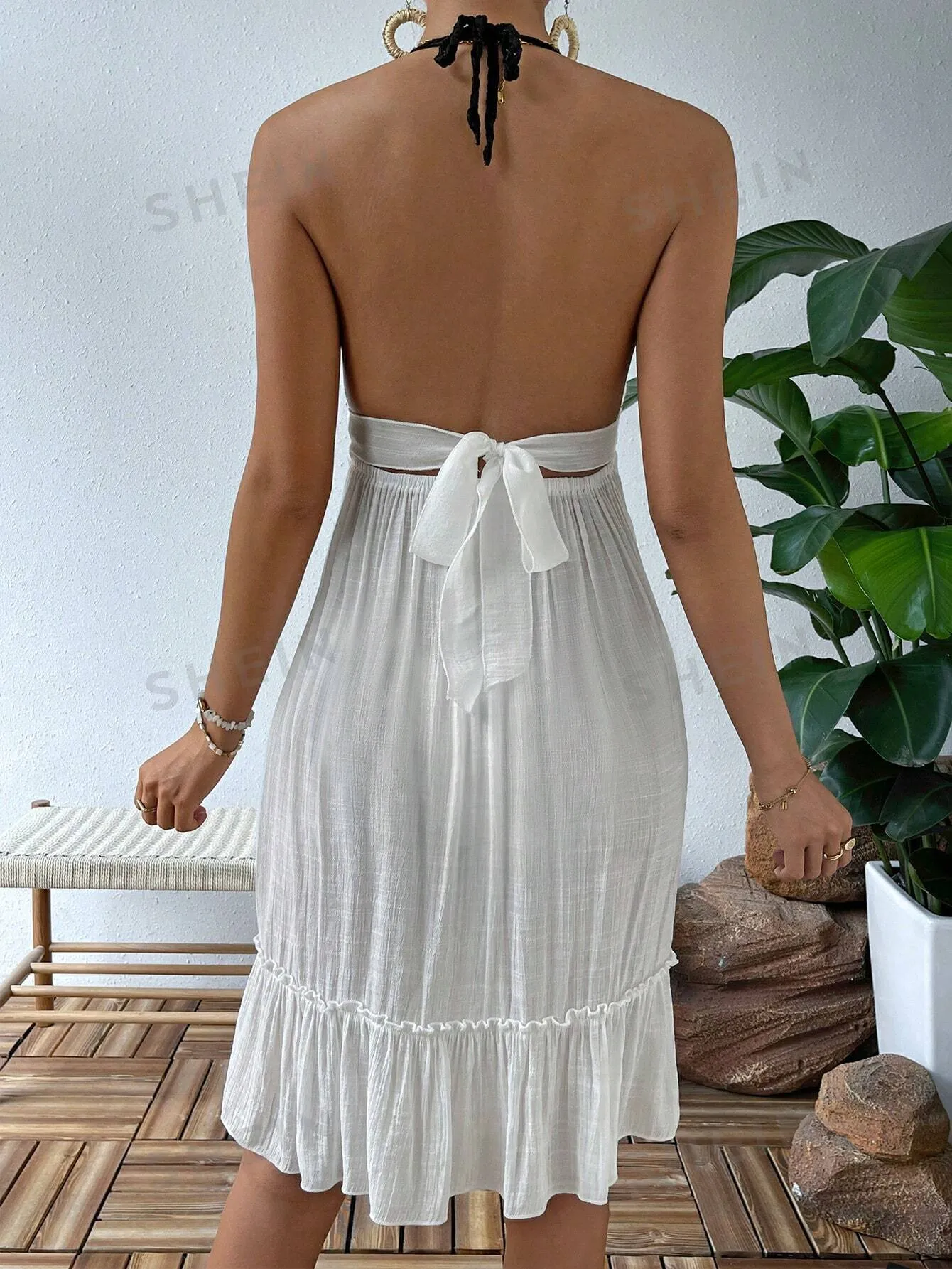 SHEIN Swim Crochet Detail Ruffle Hem Halter Cover Up,Summer Beach