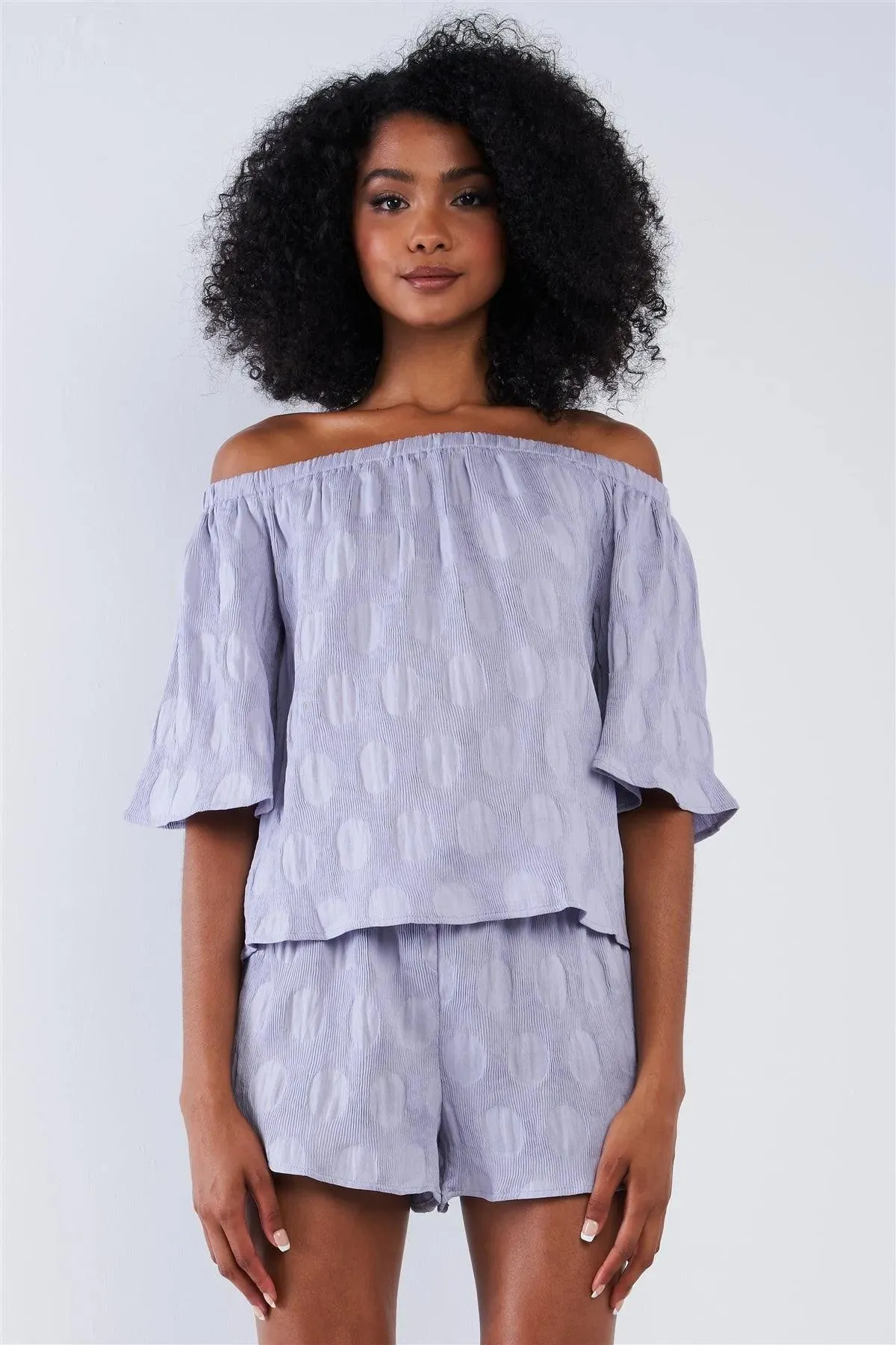 Solid Lavender Bluebell Sleeve Off-The-Shoulder Circle Pattern Loose Fit Pleated Top & Short Set /1-2-2-1