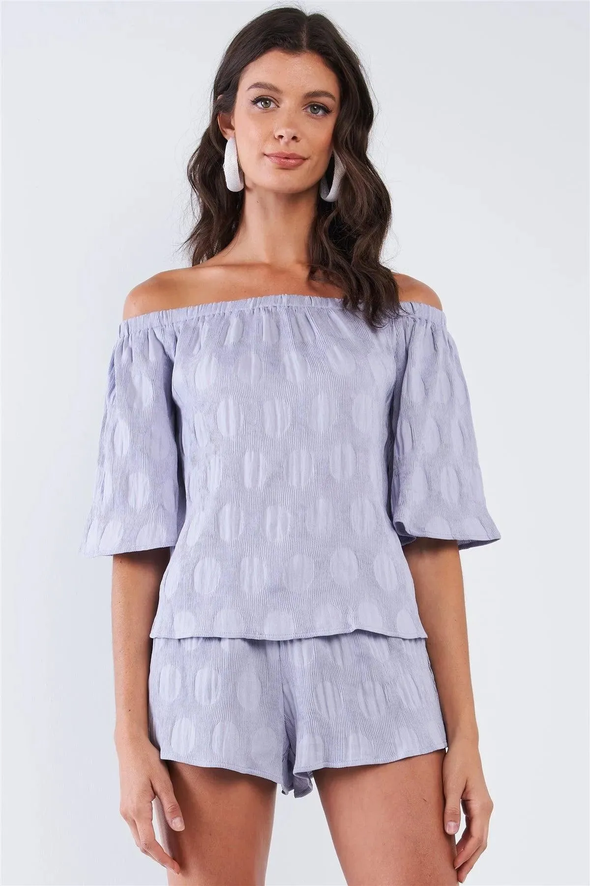 Solid Lavender Bluebell Sleeve Off-The-Shoulder Circle Pattern Loose Fit Pleated Top & Short Set /1-2-2-1