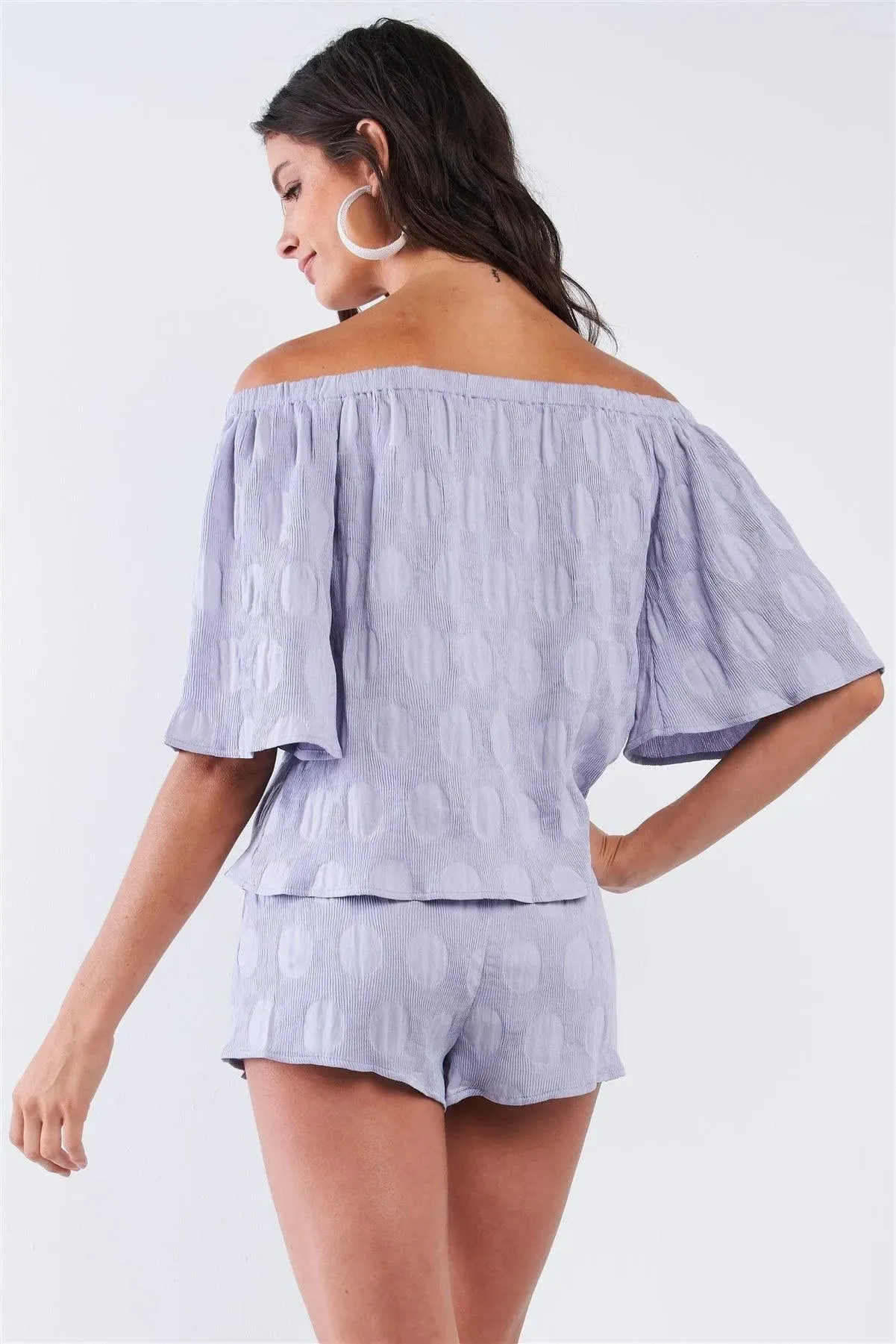 Solid Lavender Bluebell Sleeve Off-The-Shoulder Circle Pattern Loose Fit Pleated Top & Short Set /1-2-2-1