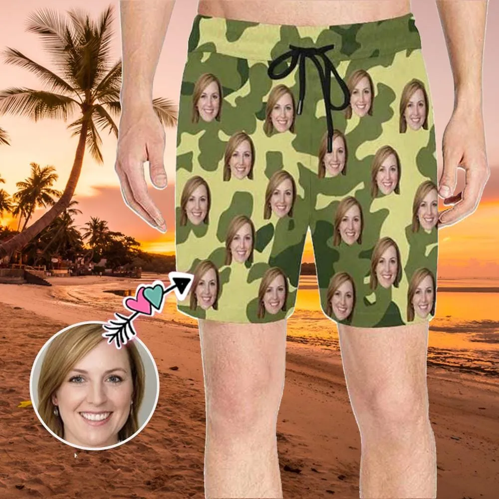 Swim Trunks with Face on Them Custom Camouflage Men's Quick Dry Swim Shorts with Girlfriend's Pictures