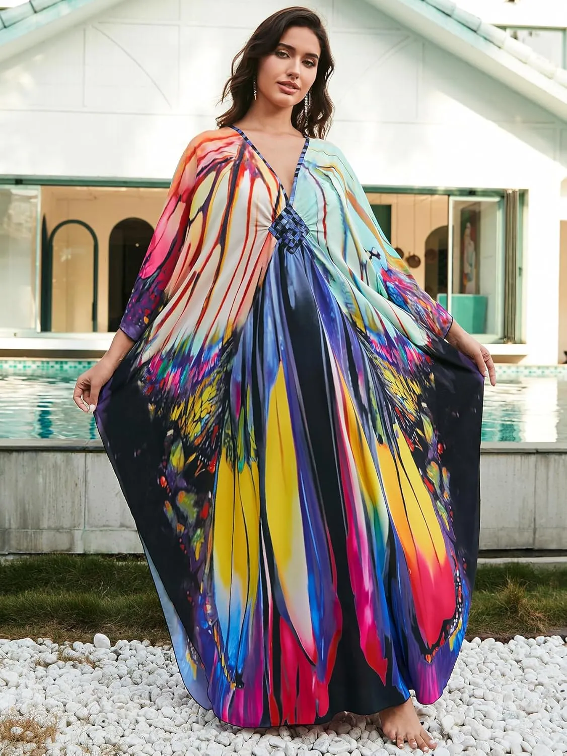 Swimsuit Cover ups Plus Size Caftans Beach Cover Up Maxi Beach Dress Vneck Batwing Sleeve Kaftan Dresses for Women