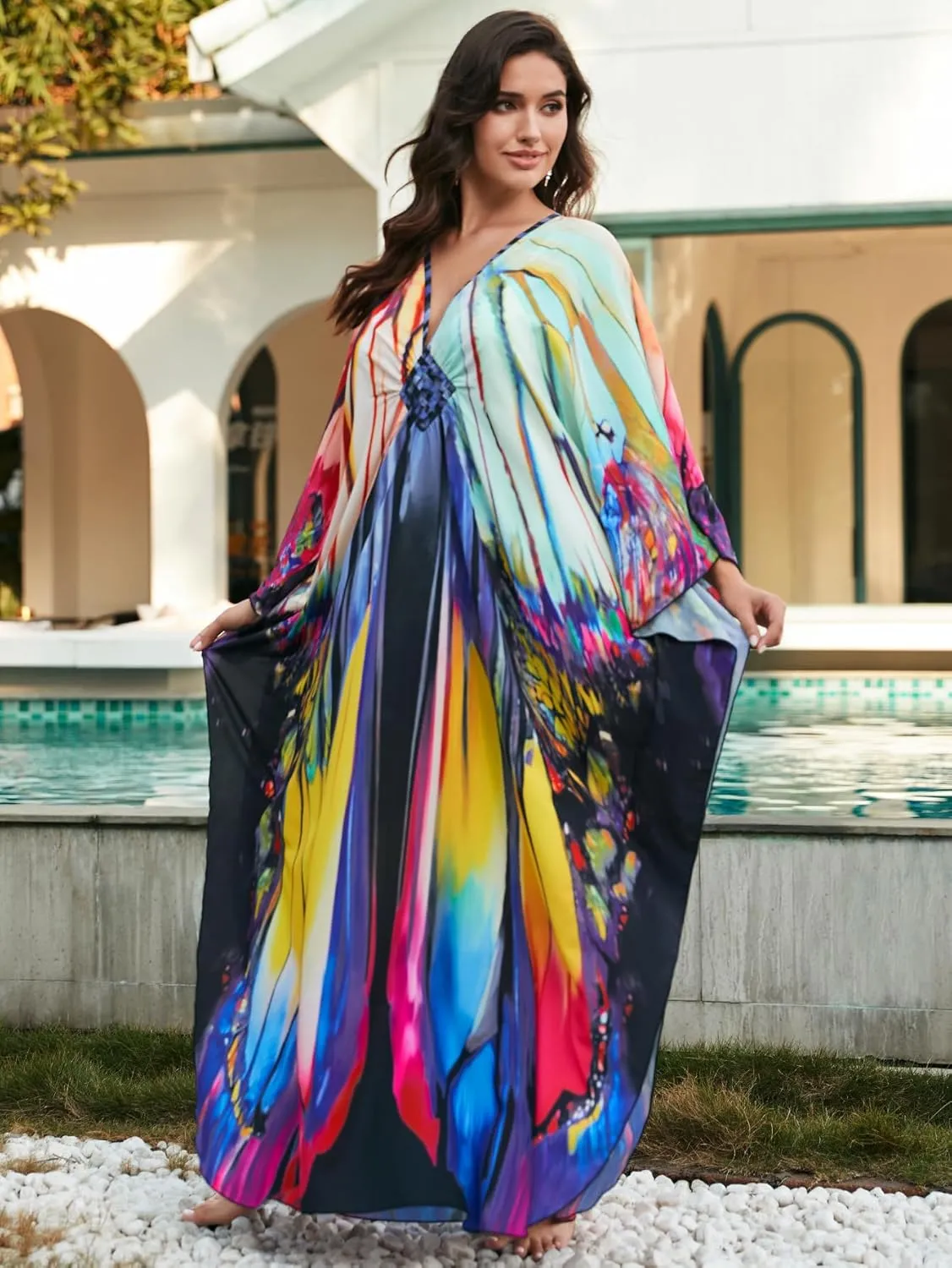 Swimsuit Cover ups Plus Size Caftans Beach Cover Up Maxi Beach Dress Vneck Batwing Sleeve Kaftan Dresses for Women