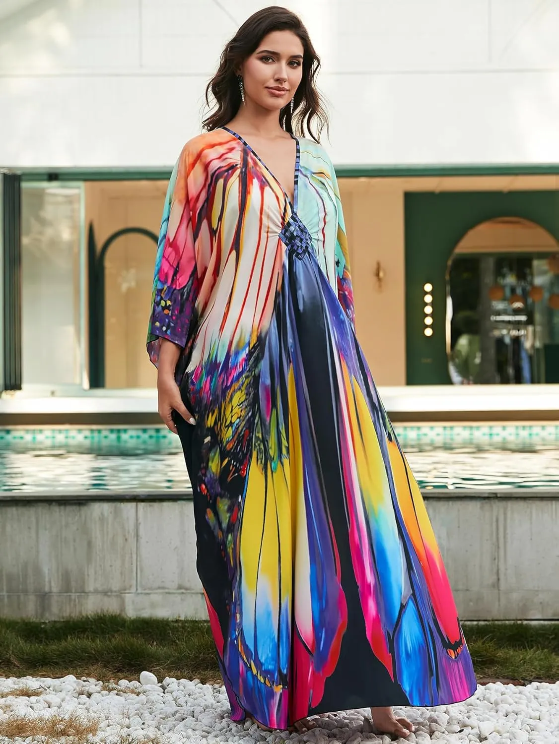 Swimsuit Cover ups Plus Size Caftans Beach Cover Up Maxi Beach Dress Vneck Batwing Sleeve Kaftan Dresses for Women