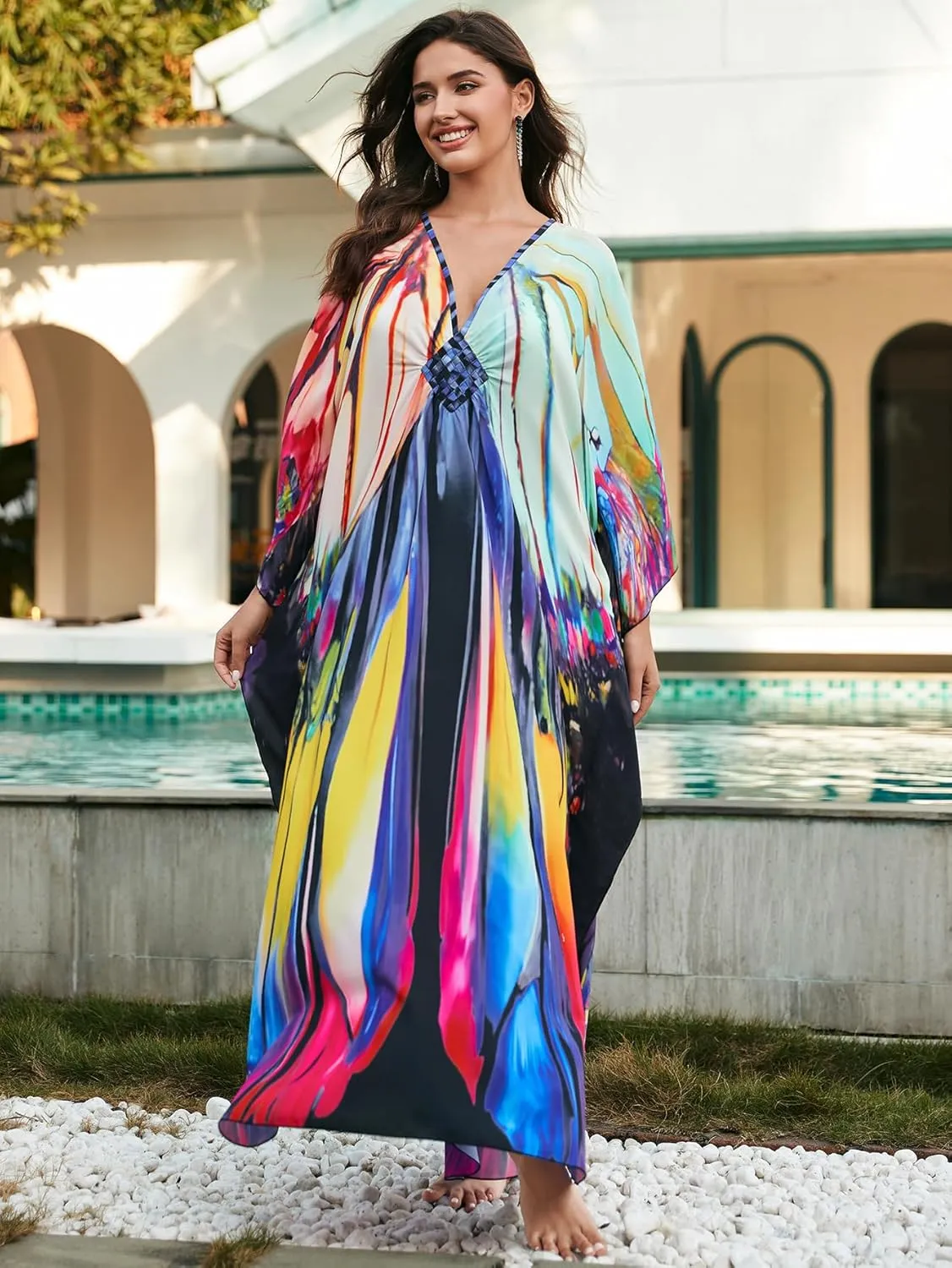 Swimsuit Cover ups Plus Size Caftans Beach Cover Up Maxi Beach Dress Vneck Batwing Sleeve Kaftan Dresses for Women
