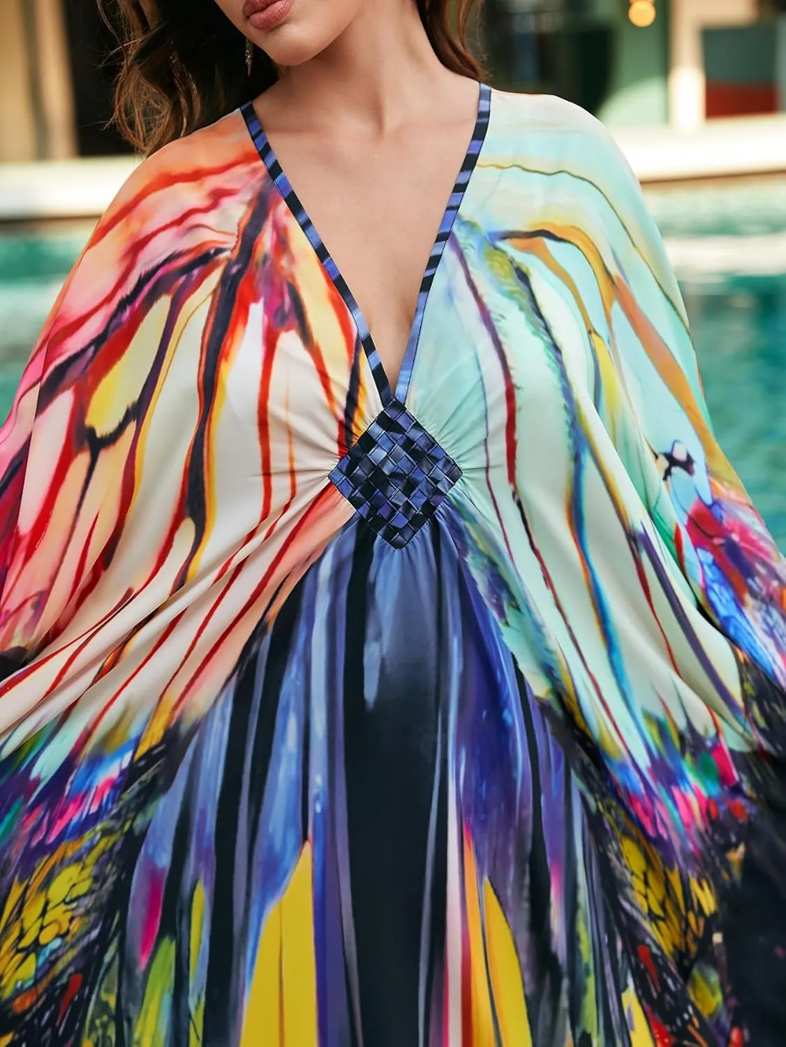 Swimsuit Cover ups Plus Size Caftans Beach Cover Up Maxi Beach Dress Vneck Batwing Sleeve Kaftan Dresses for Women