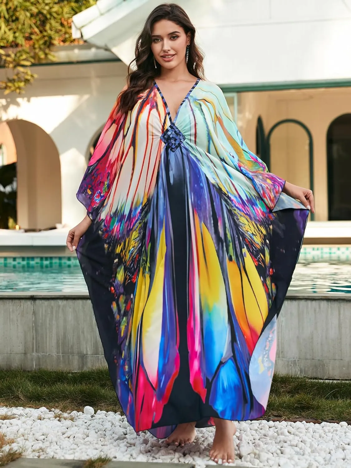 Swimsuit Cover ups Plus Size Caftans Beach Cover Up Maxi Beach Dress Vneck Batwing Sleeve Kaftan Dresses for Women