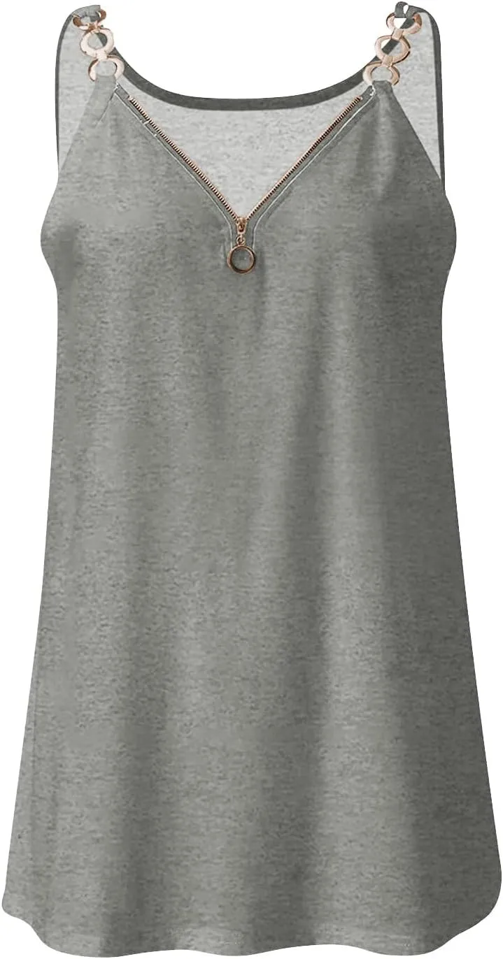 Tank Top for Women Half Zip V Neck Metal Spaghetti Strap Sleeveless Shirts Loose Fit Fashion Camisole Summer Outfits