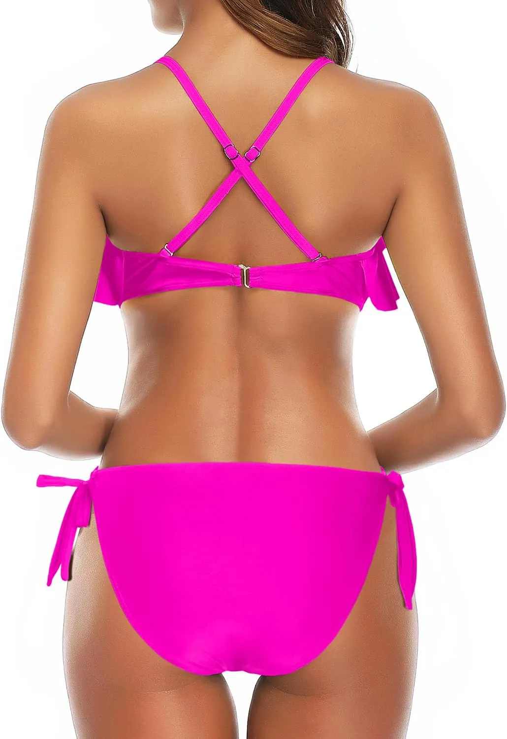 Tempt Me Two Piece Flounce Bikini Side Tie Bottom Padded Ruffled Top Swimsuit for Women Cross Back Bathing Suit