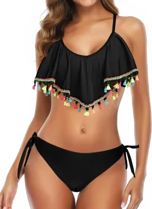 Tempt Me Two Piece Flounce Bikini Side Tie Bottom Padded Ruffled Top Swimsuit for Women Cross Back Bathing Suit