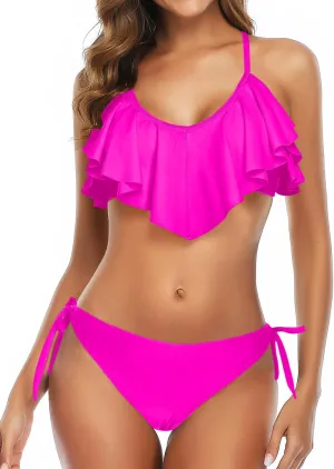 Tempt Me Two Piece Flounce Bikini Side Tie Bottom Padded Ruffled Top Swimsuit for Women Cross Back Bathing Suit
