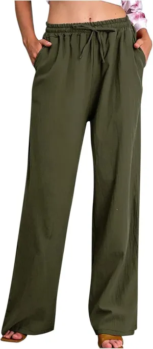 TUNUSKAT Womens Wide Leg Linen Pants Summer High Waist Cotton Palazzo Trousers Lounge Flowy Boho Slacks Beach Travel Outfits