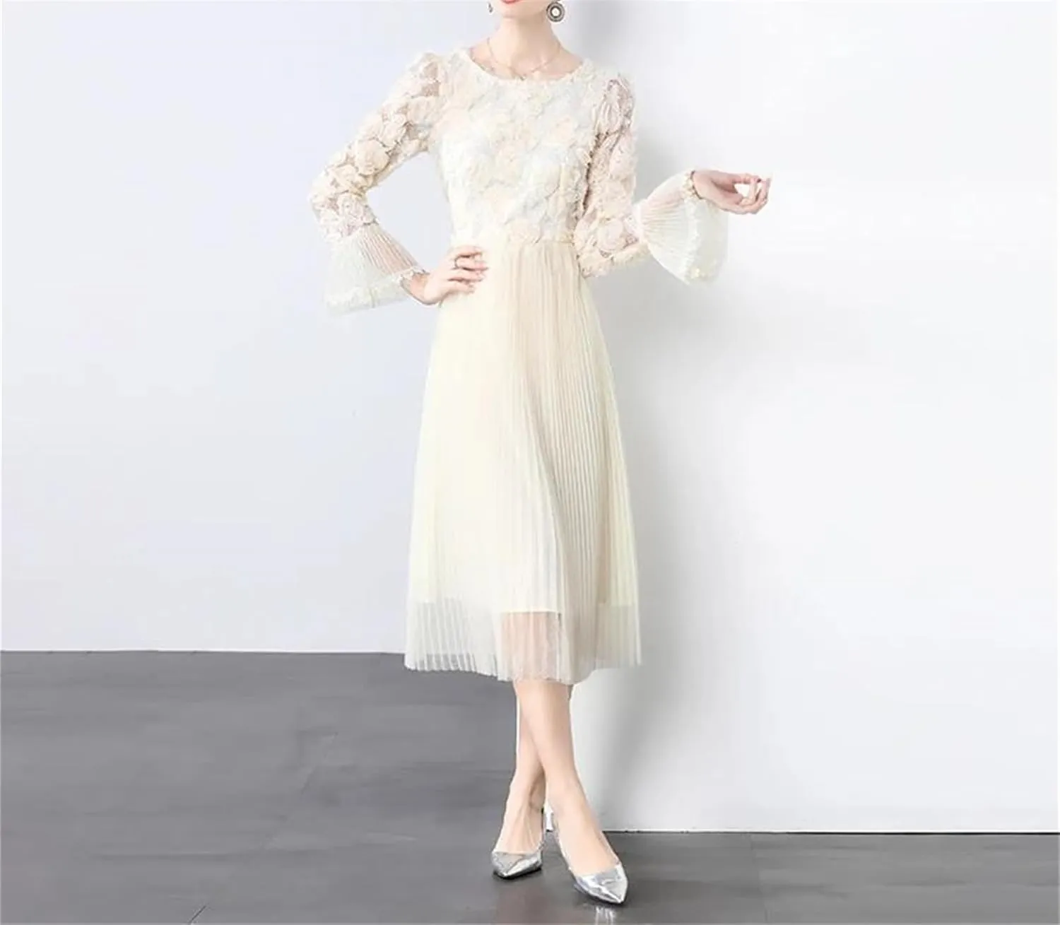 Women's 3D Floral Swing Dress - Horn Sleeve High Waist Elegant Gown