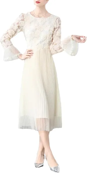 Women's 3D Floral Swing Dress - Horn Sleeve High Waist Elegant Gown