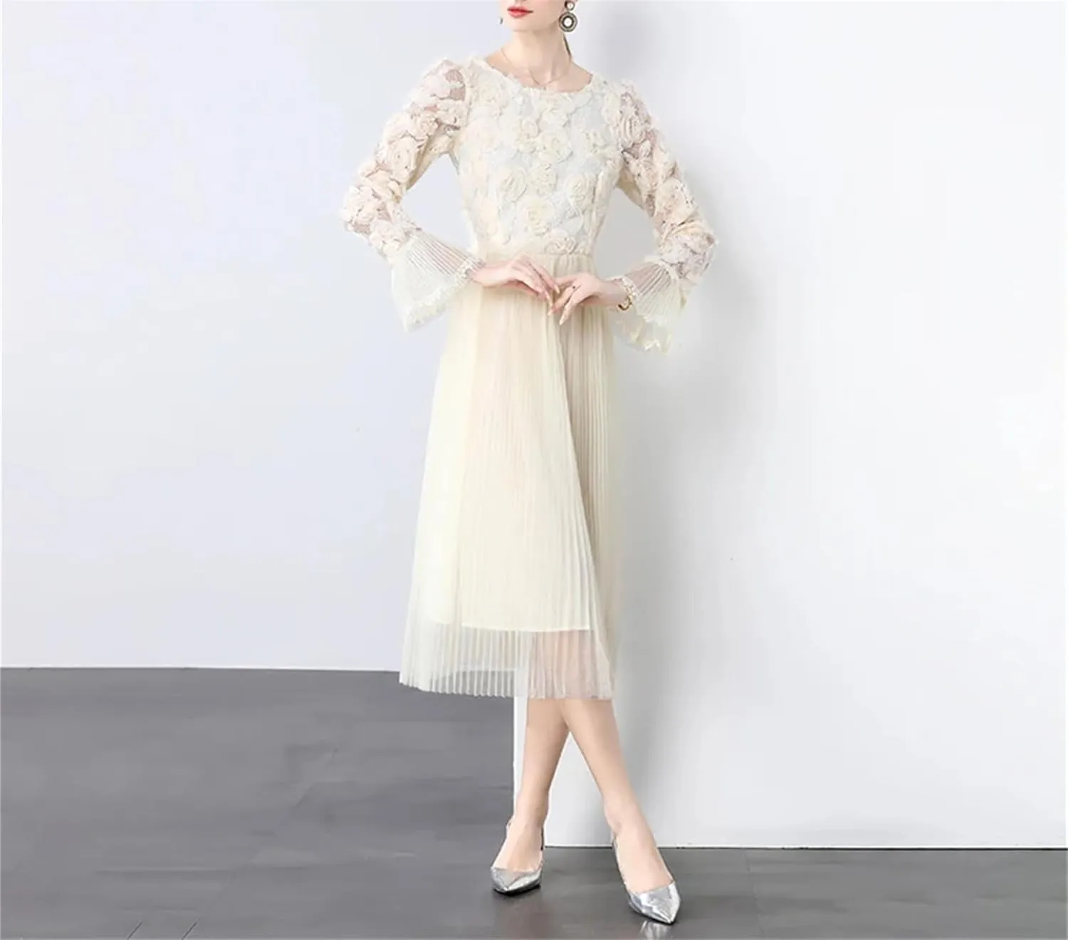Women's 3D Floral Swing Dress - Horn Sleeve High Waist Elegant Gown