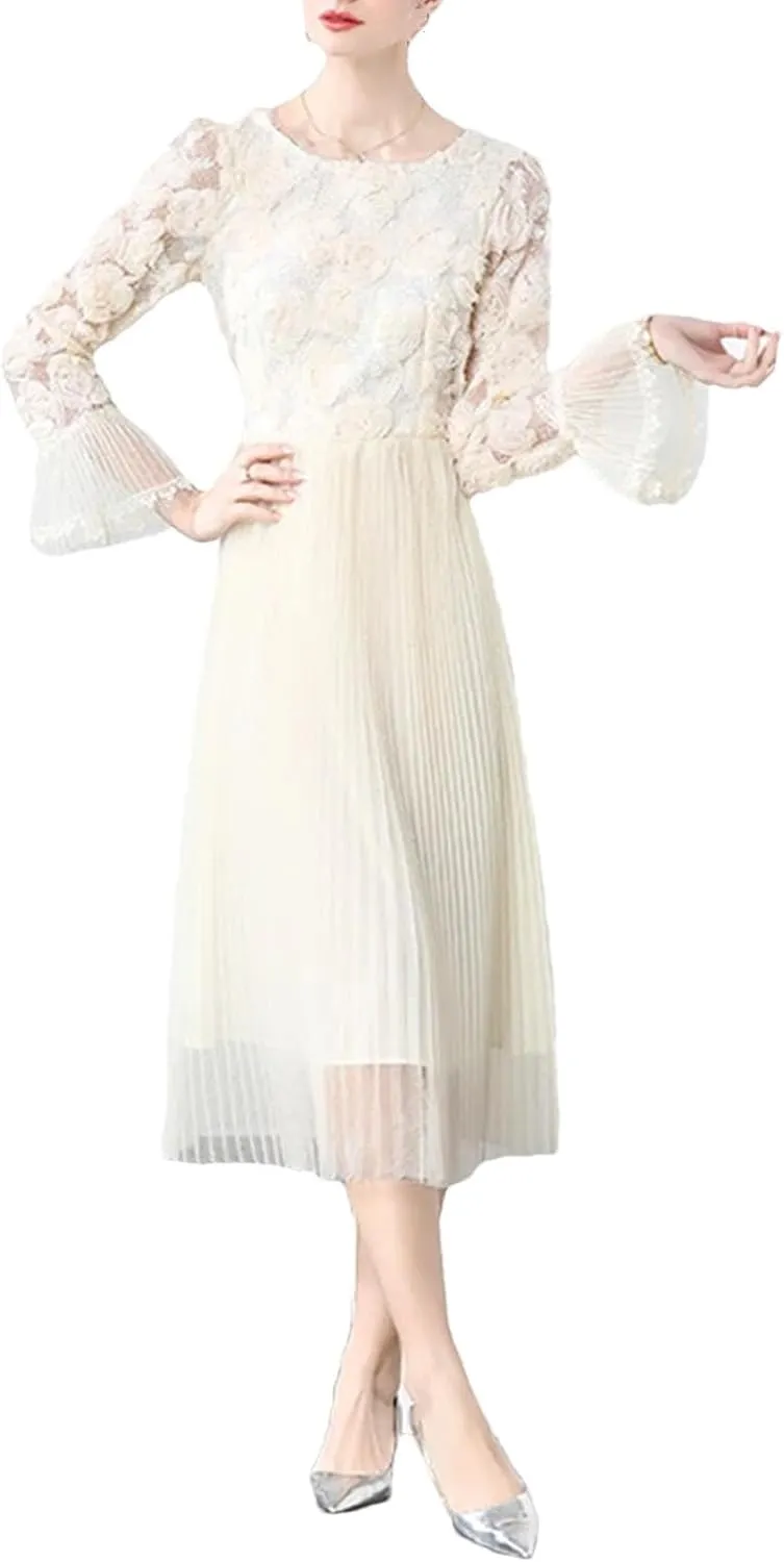 Women's 3D Floral Swing Dress - Horn Sleeve High Waist Elegant Gown