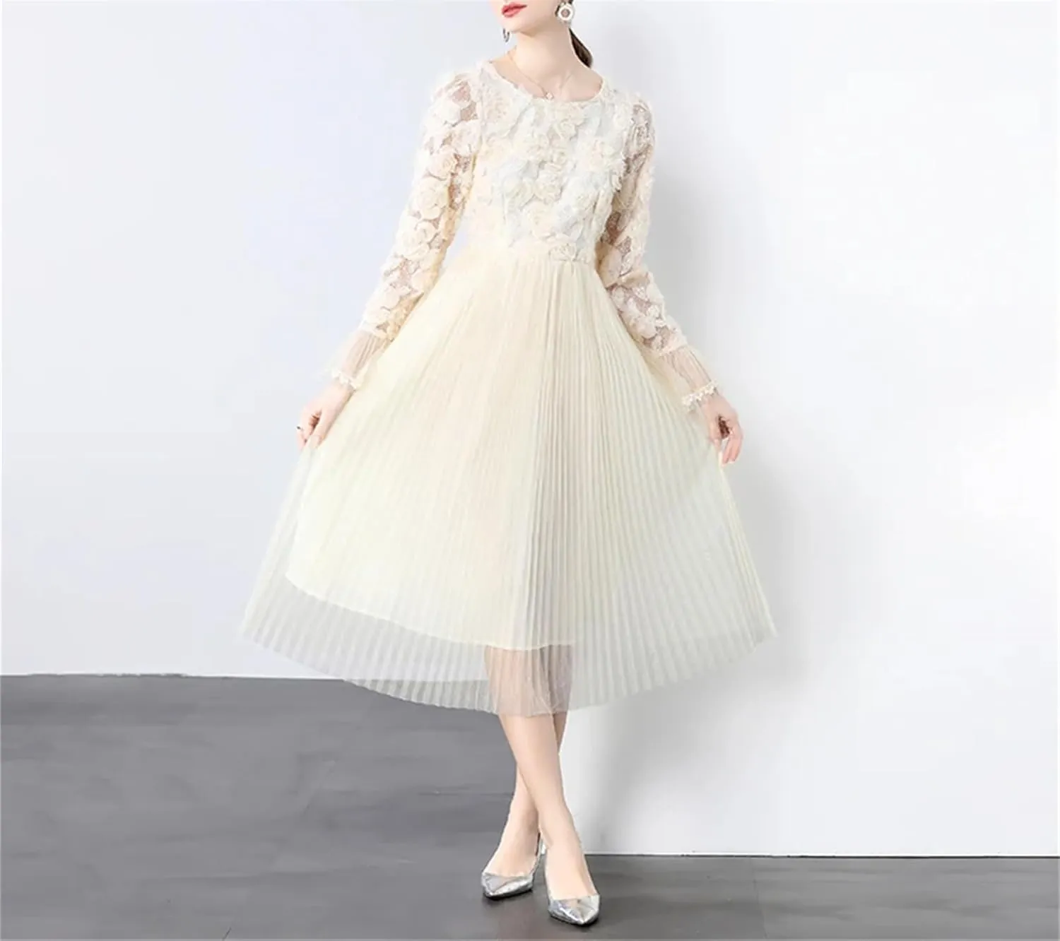 Women's 3D Floral Swing Dress - Horn Sleeve High Waist Elegant Gown