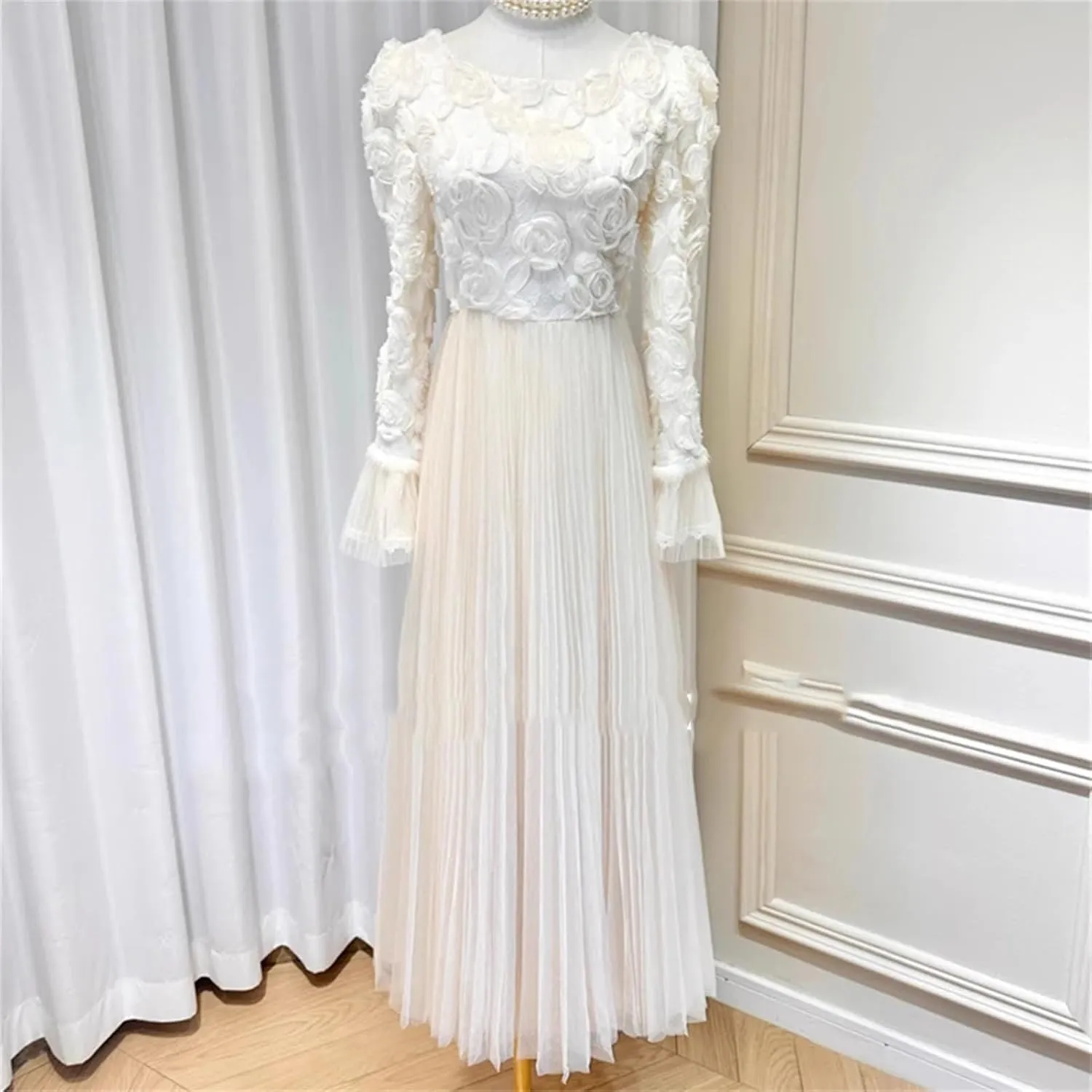 Women's 3D Floral Swing Dress - Horn Sleeve High Waist Elegant Gown