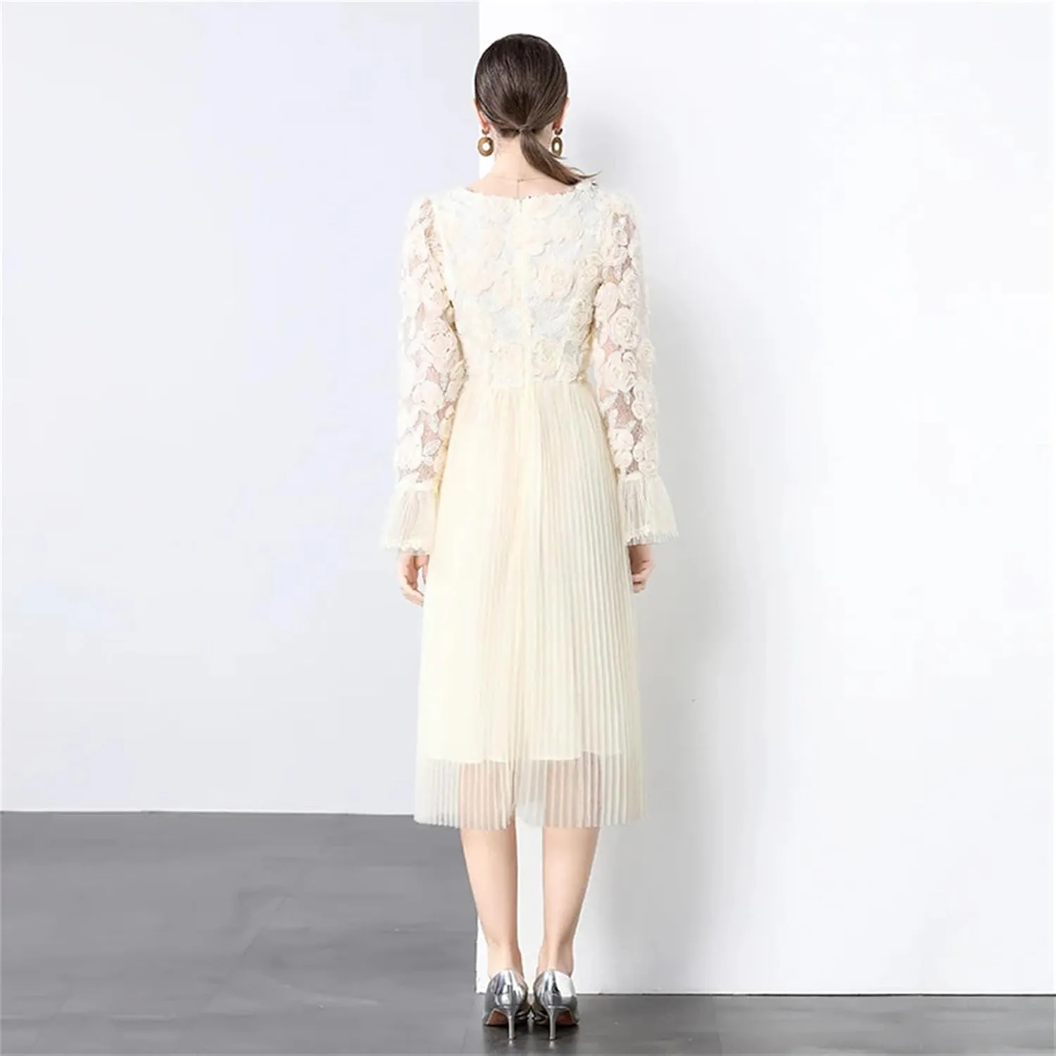 Women's 3D Floral Swing Dress - Horn Sleeve High Waist Elegant Gown