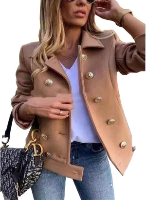 Womens Blazer Stand Collar Woolen Jacket Fall Long Sleeve Casual Slim Vintage Double Breasted Cardigan Short Coat