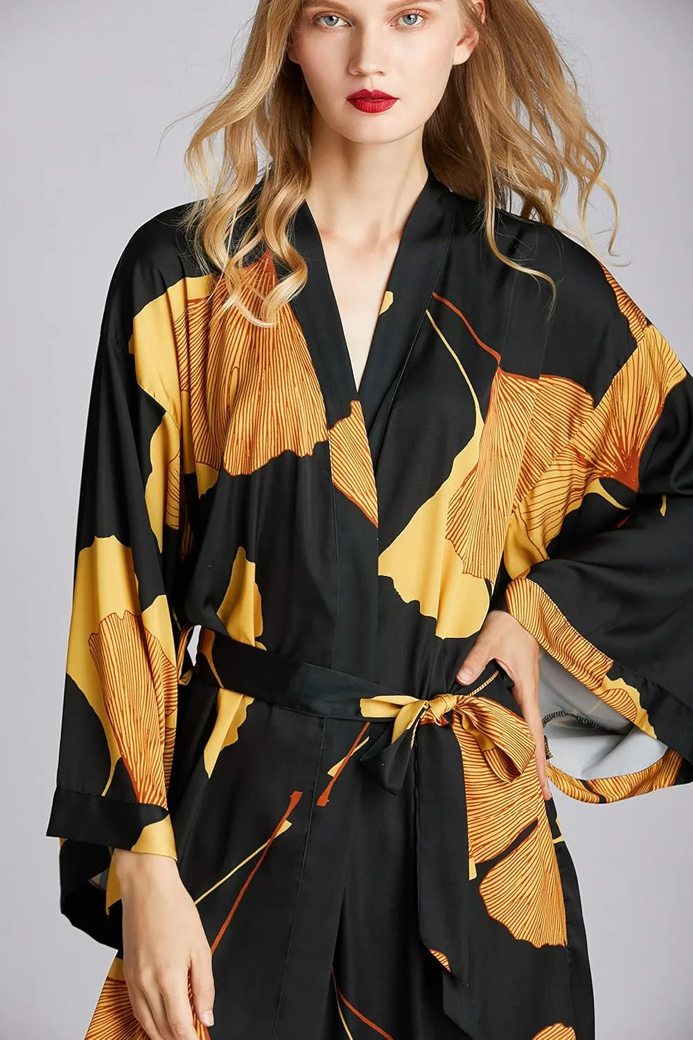Women's Kimono Robe Long Ginkgo Leaf Printed Satin Robe Bride Bridesmaid Dressing Gown