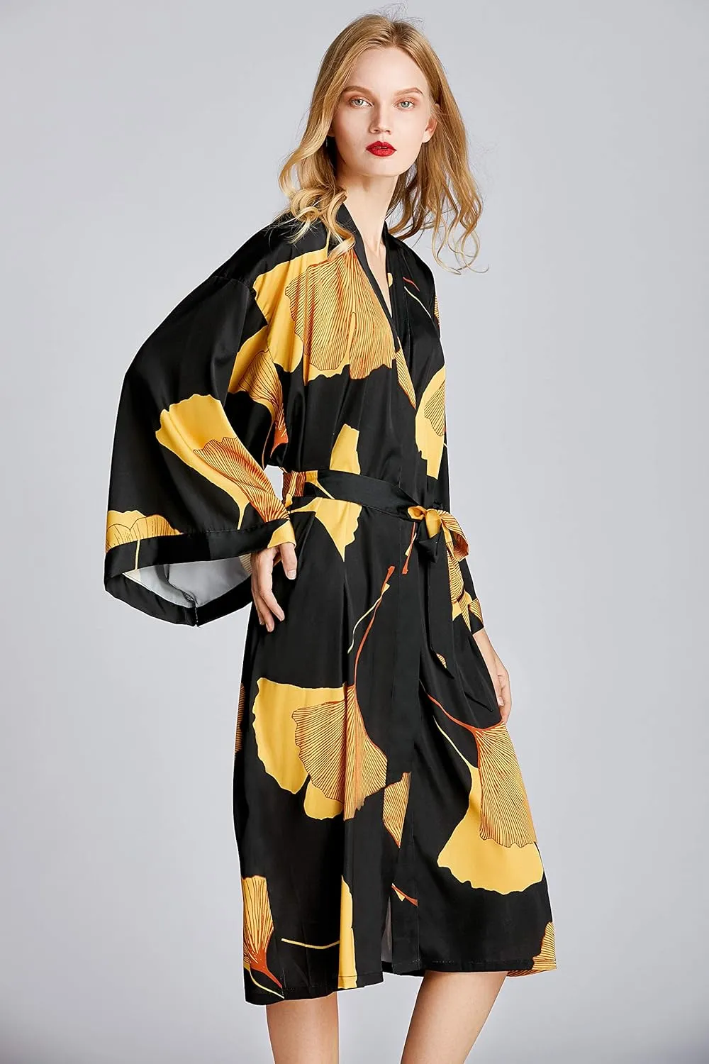 Women's Kimono Robe Long Ginkgo Leaf Printed Satin Robe Bride Bridesmaid Dressing Gown