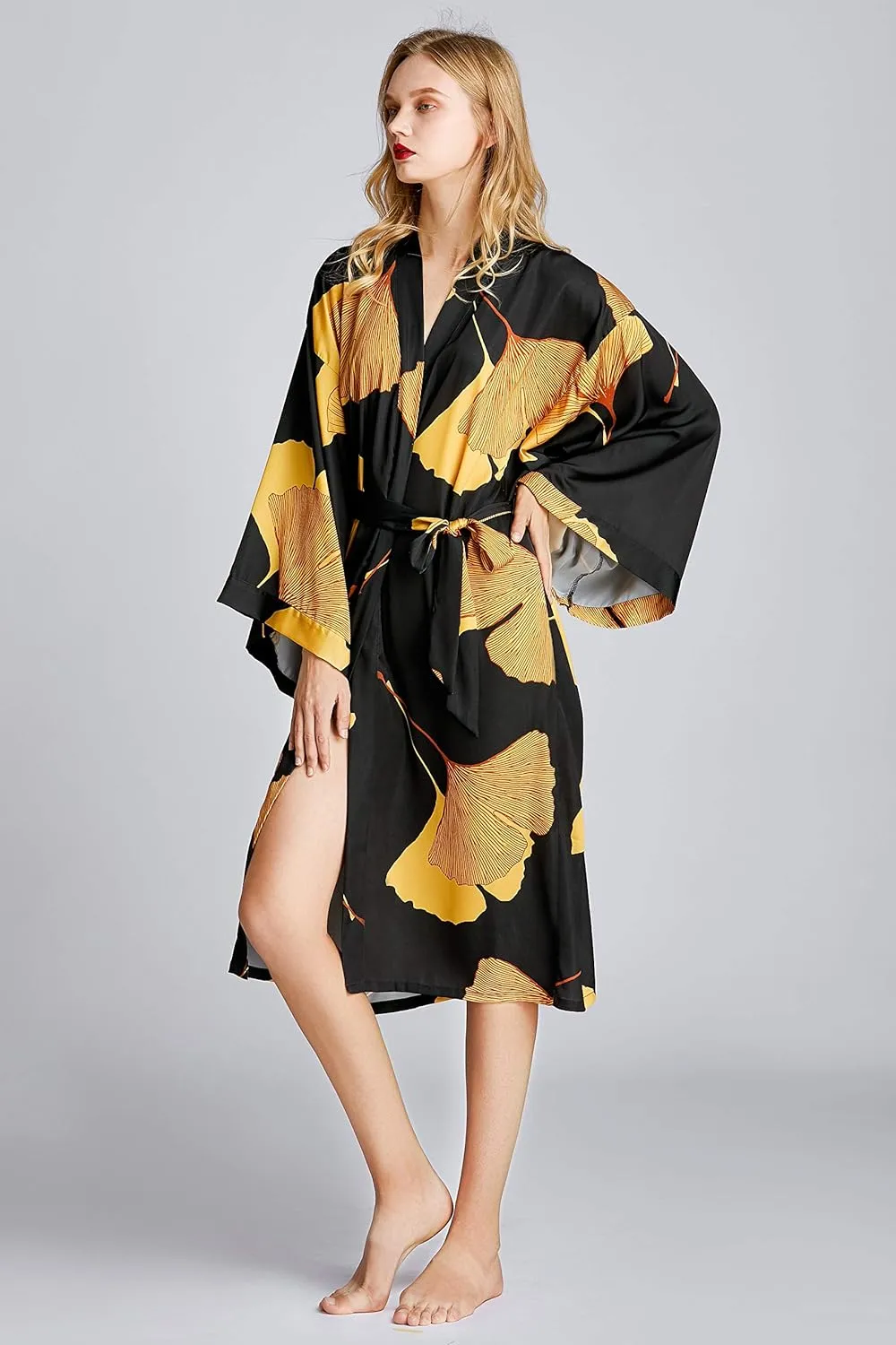 Women's Kimono Robe Long Ginkgo Leaf Printed Satin Robe Bride Bridesmaid Dressing Gown
