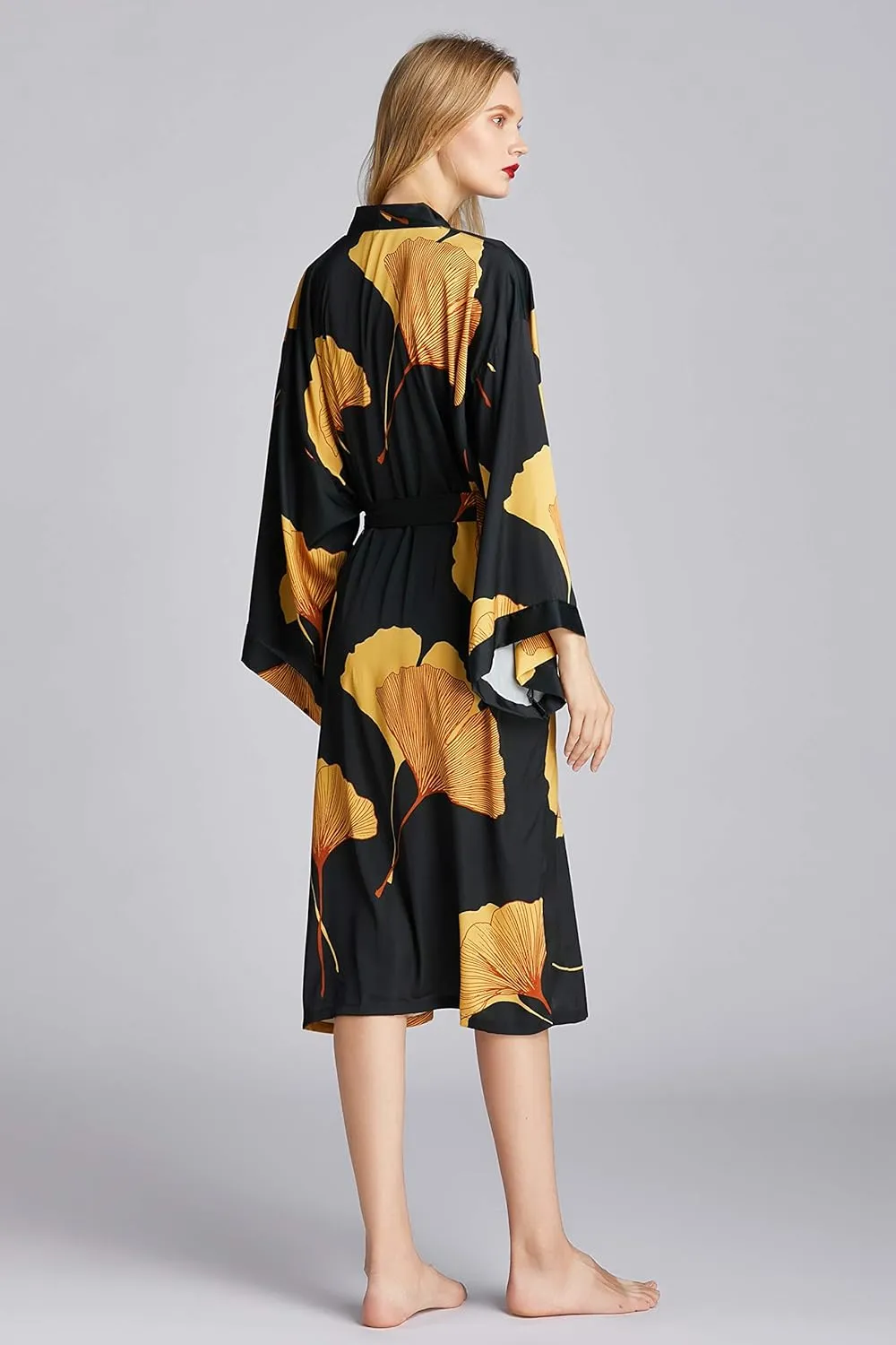 Women's Kimono Robe Long Ginkgo Leaf Printed Satin Robe Bride Bridesmaid Dressing Gown
