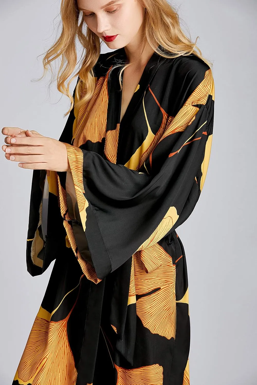Women's Kimono Robe Long Ginkgo Leaf Printed Satin Robe Bride Bridesmaid Dressing Gown