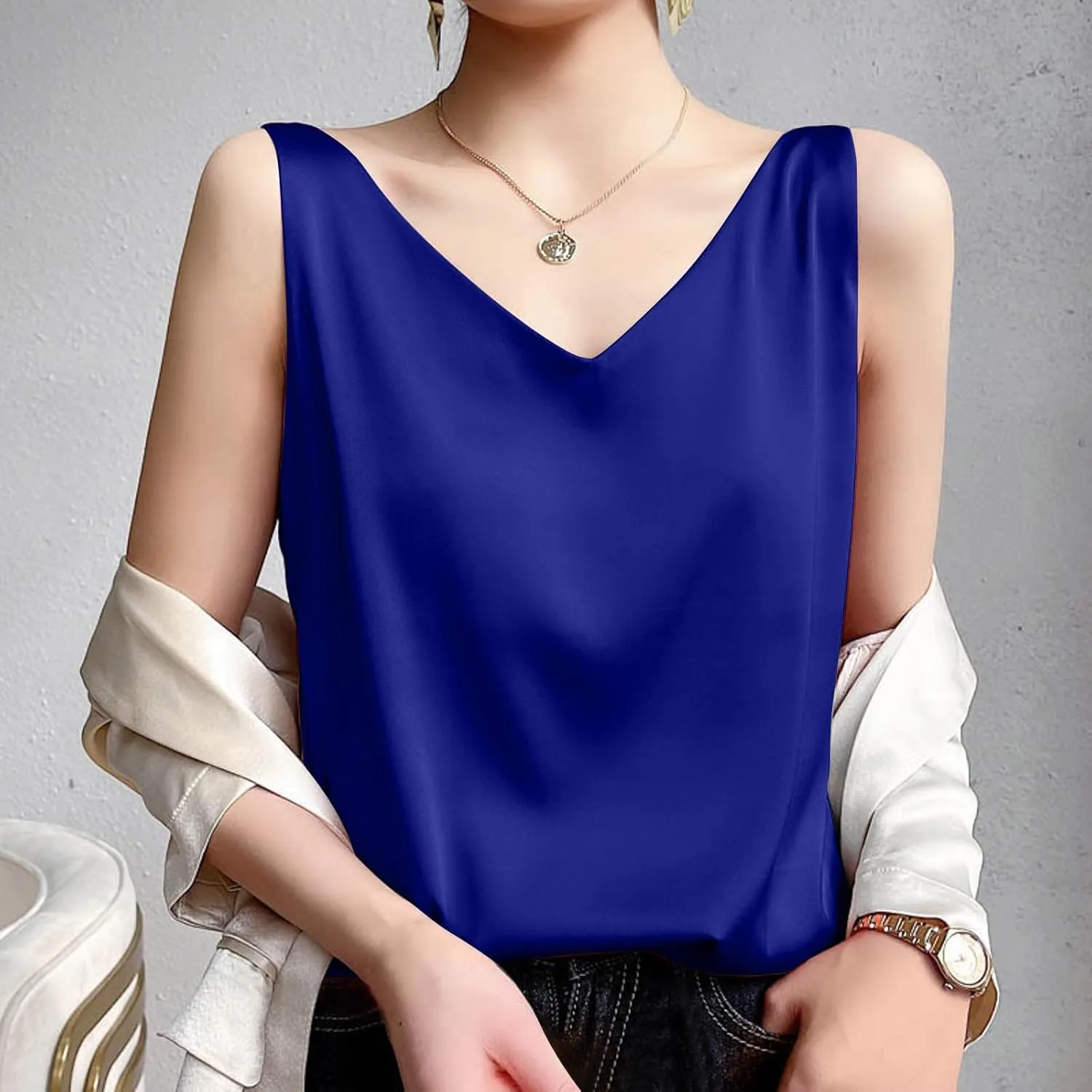 Womens Silk Stain Tank Tops Summer Casual V Neck Sleeveless Blouses Camisole Loose Fit Shirt Dressy Casual Tops
