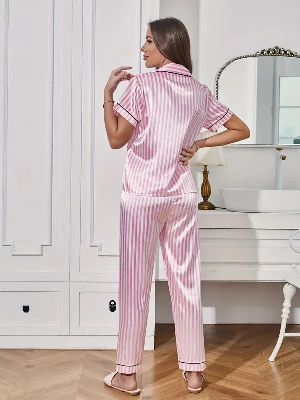 Women's Stripe Print Satin Casual Pajama Set Short Sleeve Buttons Lapel Top & Pants Comfortable Relaxed Fit Summer Nightwear