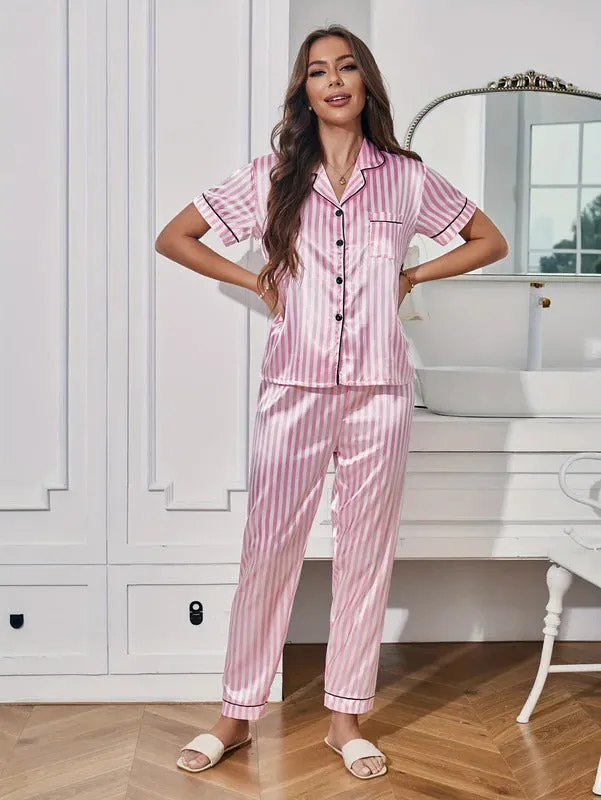 Women's Stripe Print Satin Casual Pajama Set Short Sleeve Buttons Lapel Top & Pants Comfortable Relaxed Fit Summer Nightwear