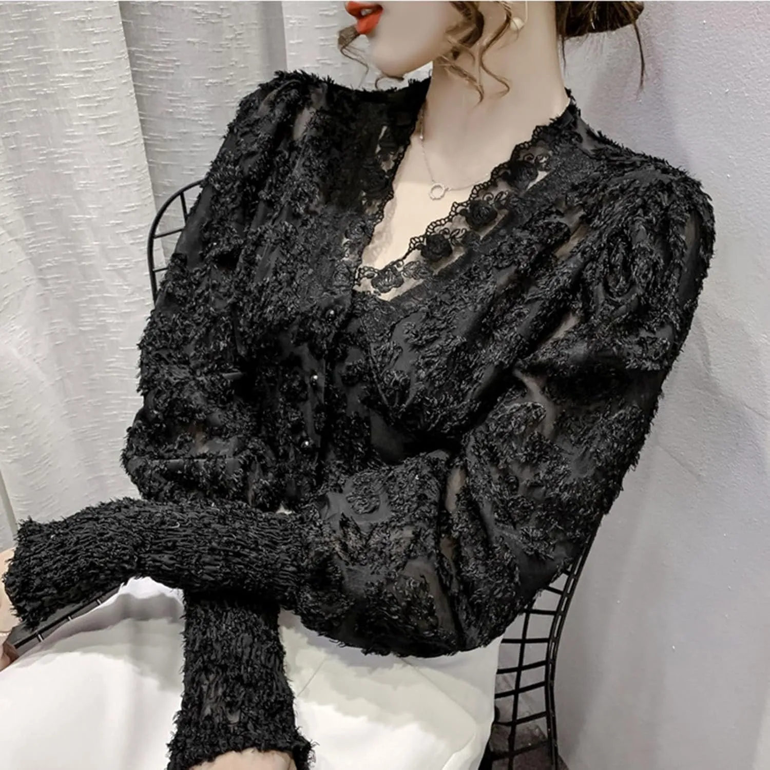 Womens Summer Blouses Lace V-Neck Button-Up Long Puff Sleeves Shirts Casual Ventilated Comfy Party Top