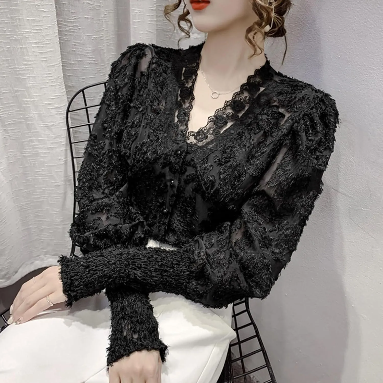 Womens Summer Blouses Lace V-Neck Button-Up Long Puff Sleeves Shirts Casual Ventilated Comfy Party Top