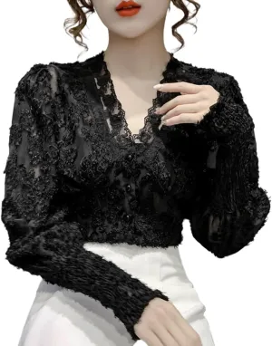 Womens Summer Blouses Lace V-Neck Button-Up Long Puff Sleeves Shirts Casual Ventilated Comfy Party Top